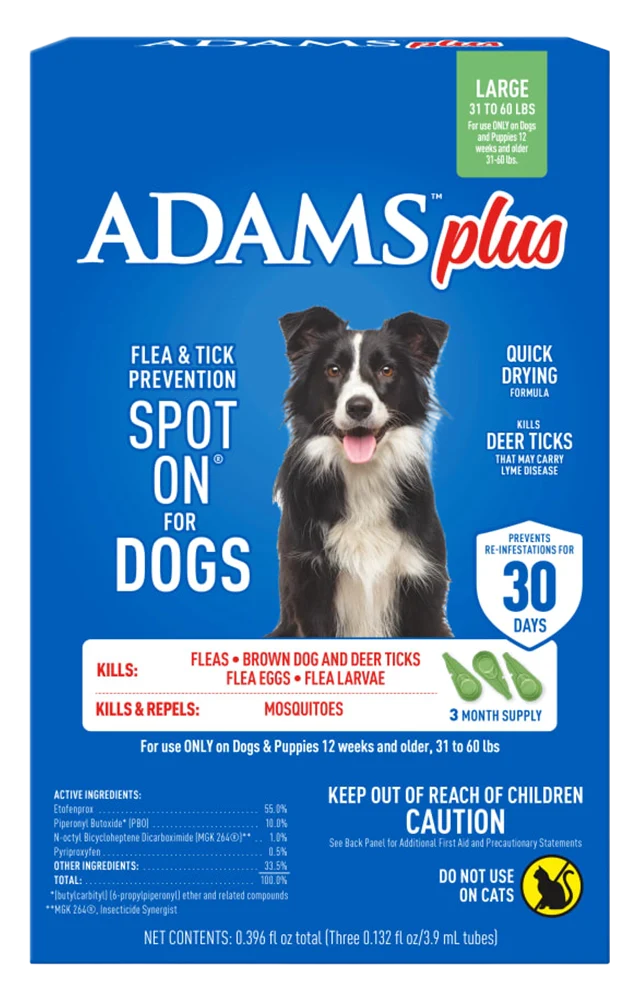 Adams Plus Flea & Tick 3 Month Supply Prevention Spot On for Large Dogs 31 to 60 lbs