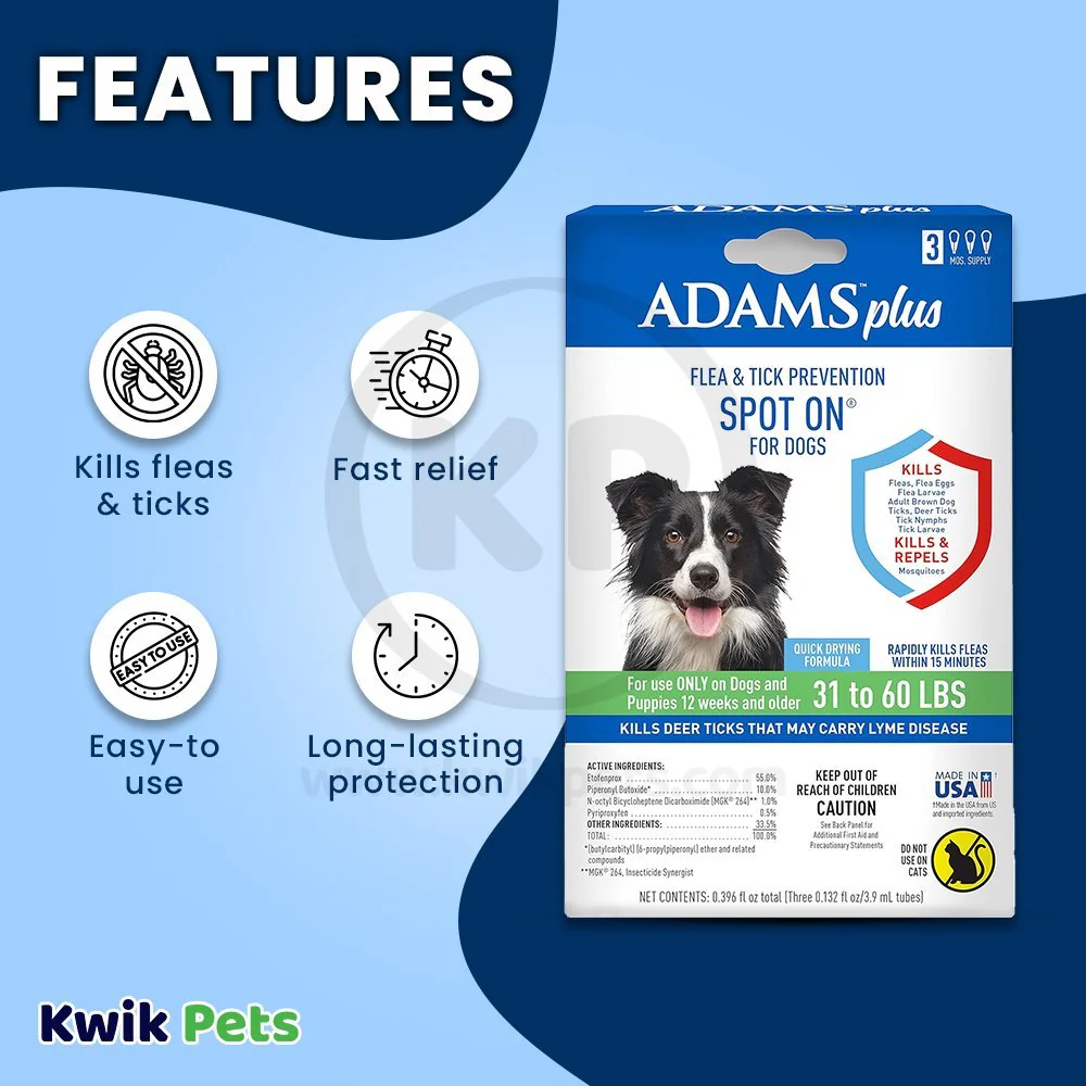 Adams Plus Flea & Tick 3 Month Supply Prevention Spot On for Large Dogs 31 to 60 lbs - Image 2
