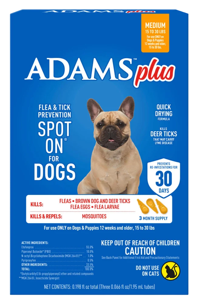 Adams Plus Flea & Tick 3 Month Supply Prevention Spot On for Medium Dogs 15 to 30 lbs