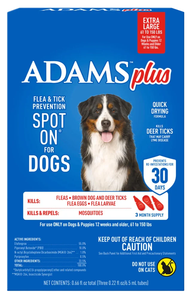 Adams Plus Flea & Tick 3 Month Supply Prevention Spot On for XL Dogs 61 to 150 lbs