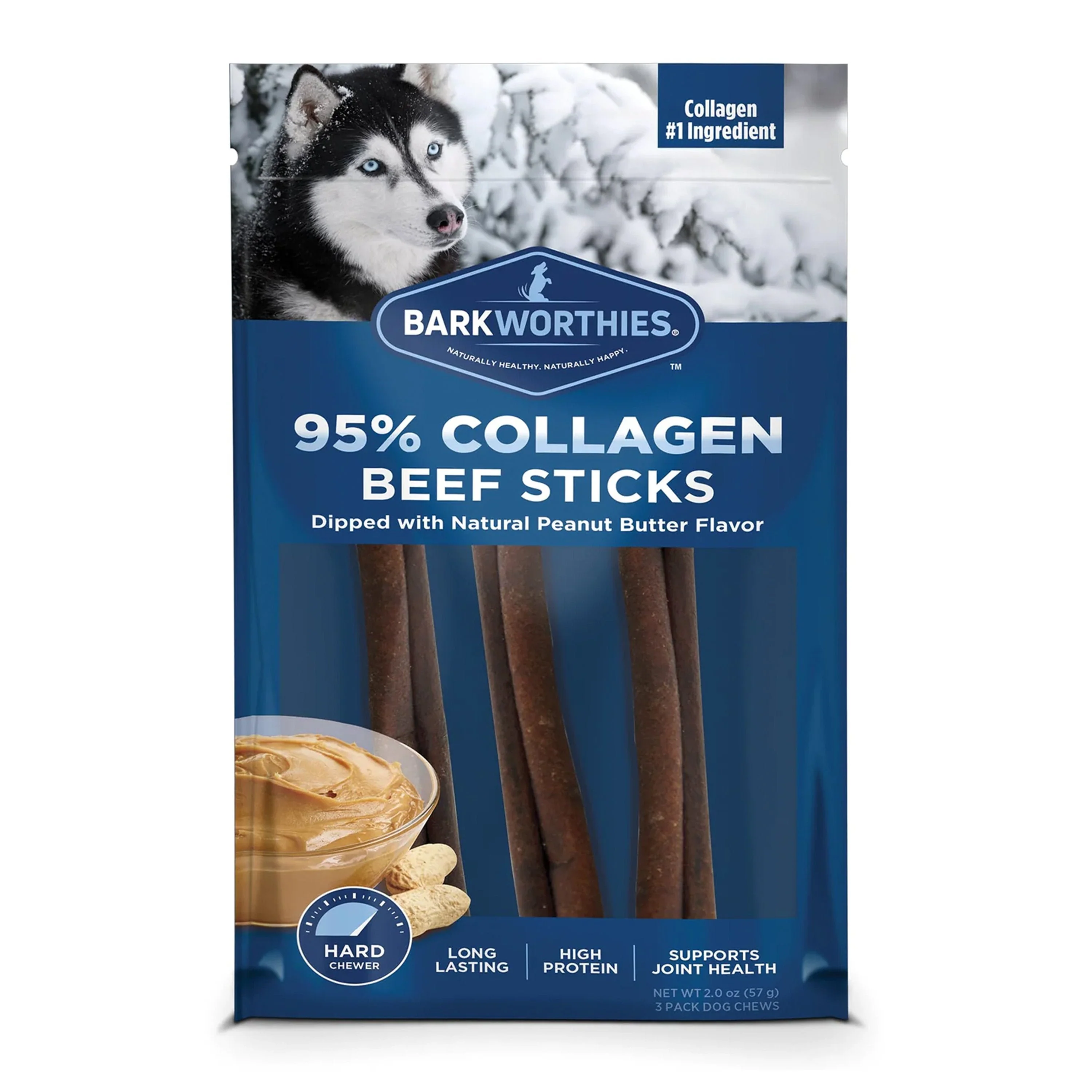 Barkworthies 6" Collagen Peanut Butter Flavor Beef Stick Small Dog Chews 3 Count 2-oz