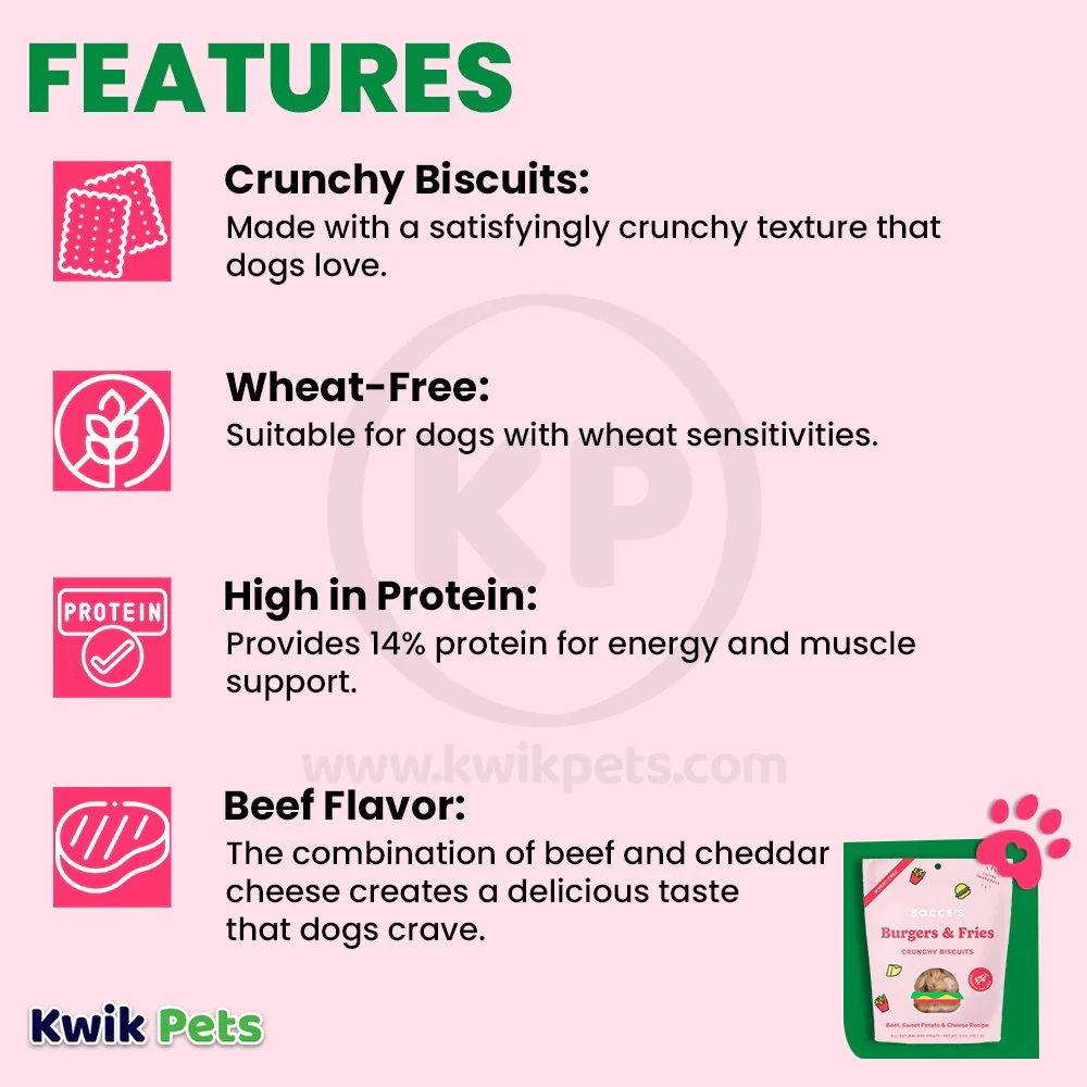 Bocce's Bakery Burgers & Fries Crunchy Biscuits Dog Treats Beef Sweet Potato & Cheese 5-oz - Image 3