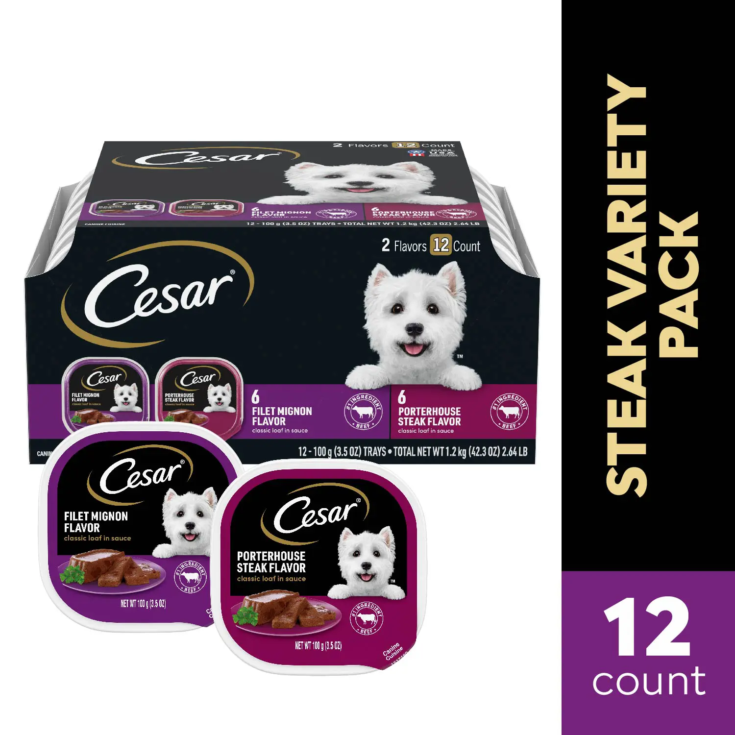 Cesar Classic Loaf in Sauce Adult Wet Dog Food Variety Pack Filet Mignon & Porterhouse Steak 12 Count 42.3-oz - Image 2