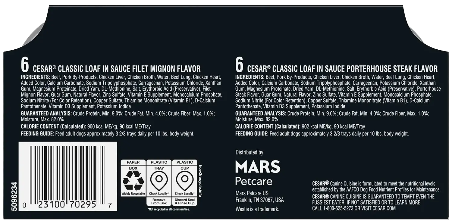Cesar Classic Loaf in Sauce Adult Wet Dog Food Variety Pack Filet Mignon & Porterhouse Steak 12 Count 42.3-oz - Image 3