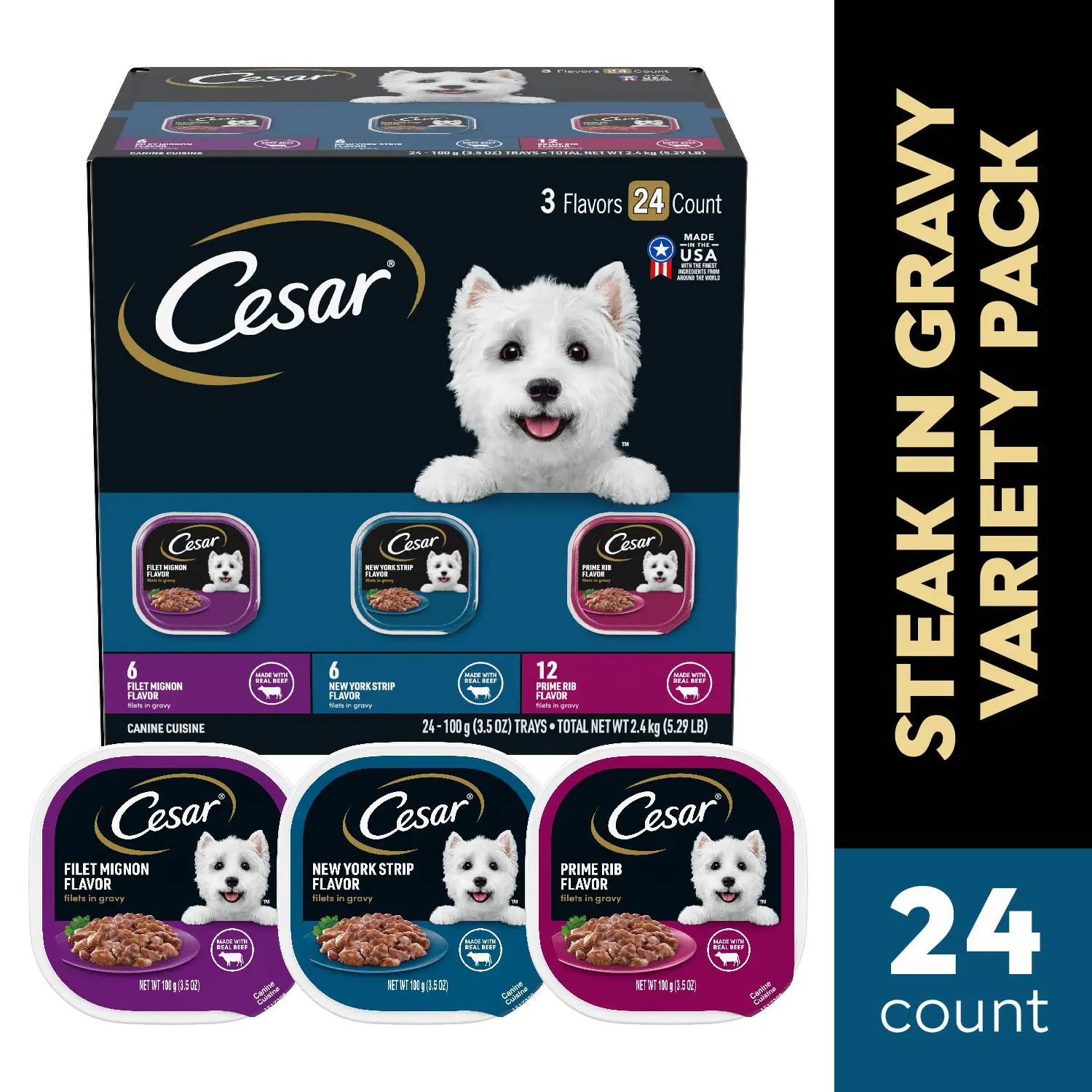 Cesar Filets in Gravy Adult Wet Dog Food Variety Pack Prime Rib, Filet Mignon, New York Strip 24 Count 3.5-oz - Image 2