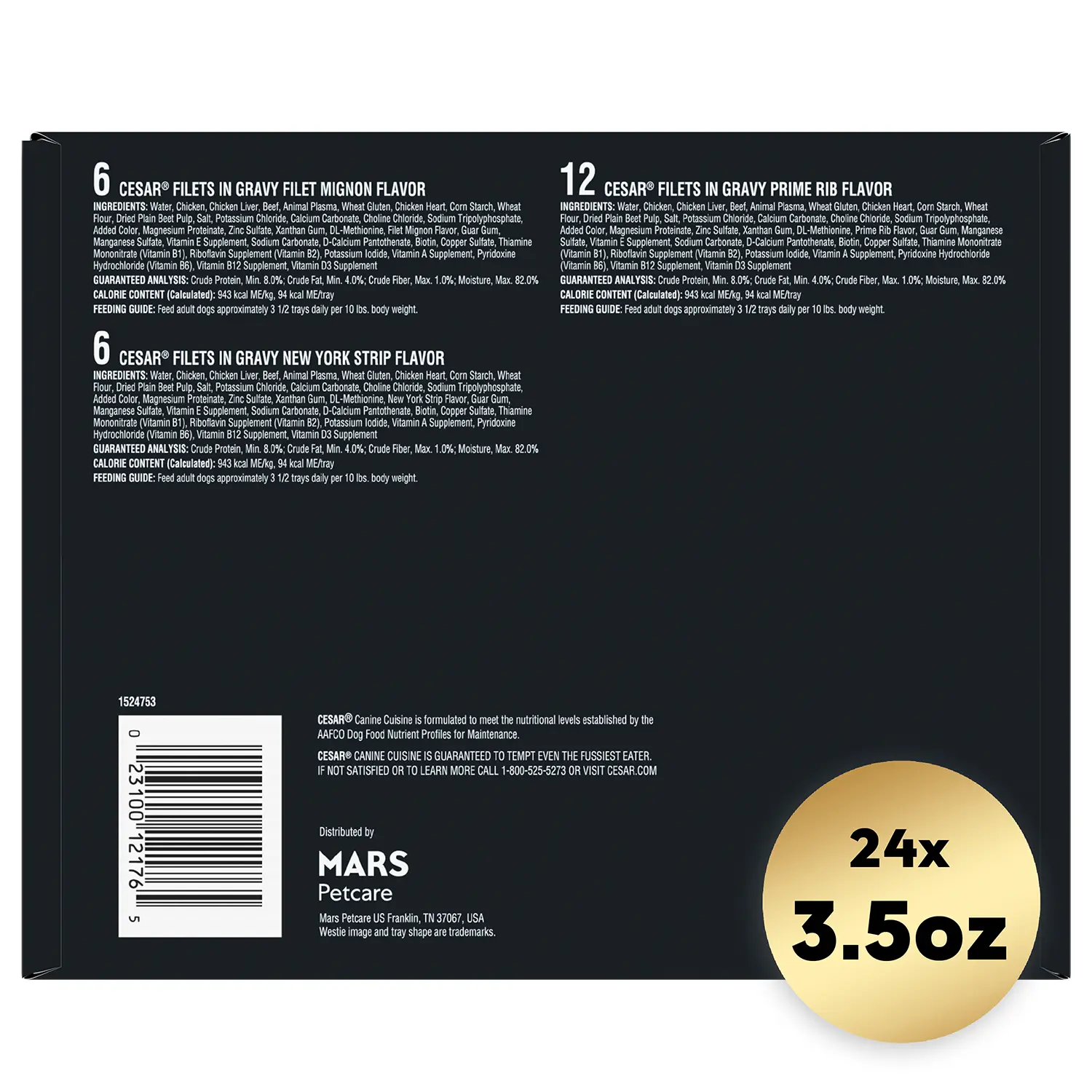 Cesar Filets in Gravy Adult Wet Dog Food Variety Pack Prime Rib, Filet Mignon, New York Strip 24 Count 3.5-oz - Image 3