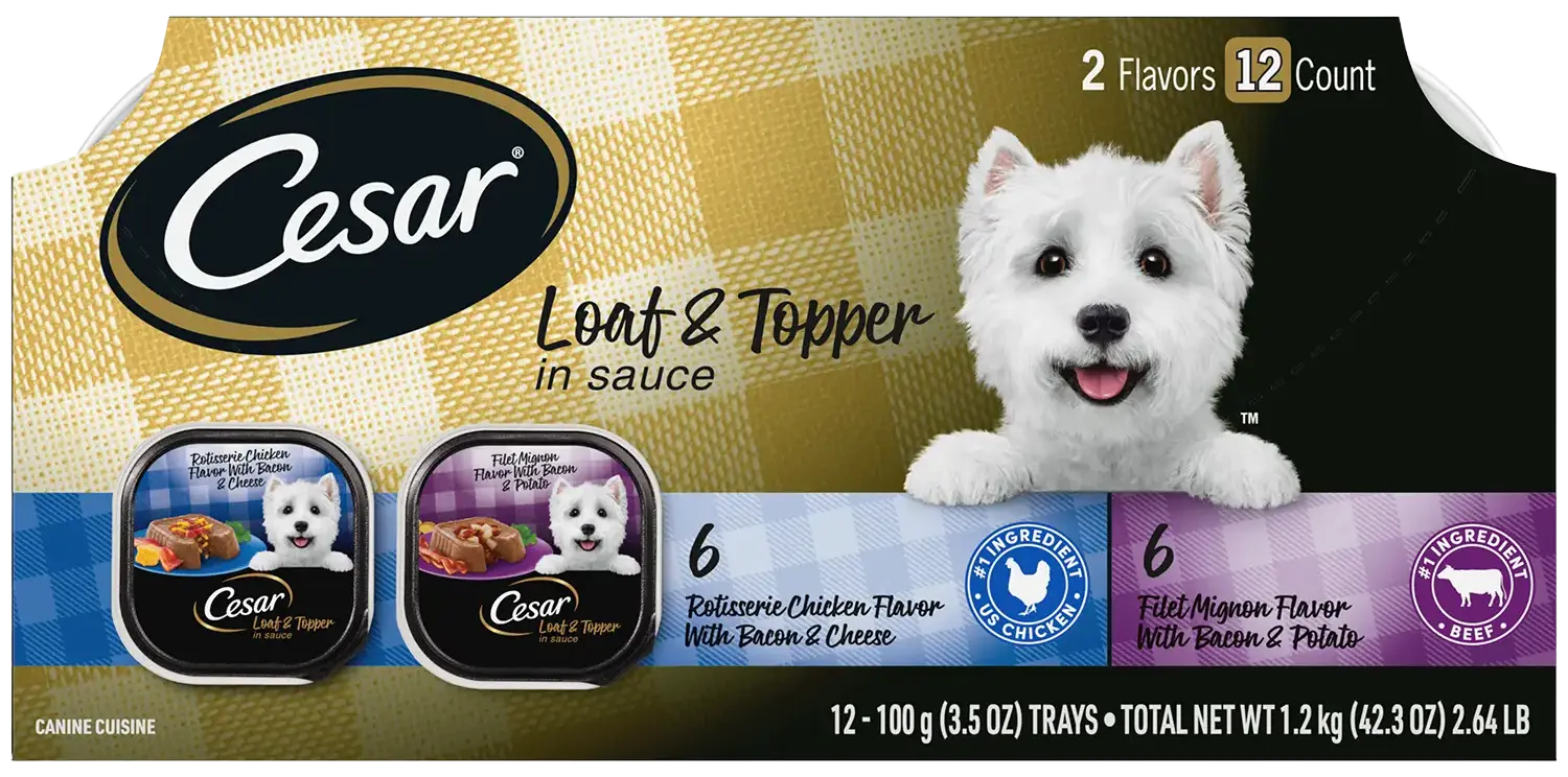 Cesar Loaf & Topper in Sauce Adult Wet Dog Food Variety Pack Rotisserie Chicken, Filet Mignon 12 Count 3.5-oz