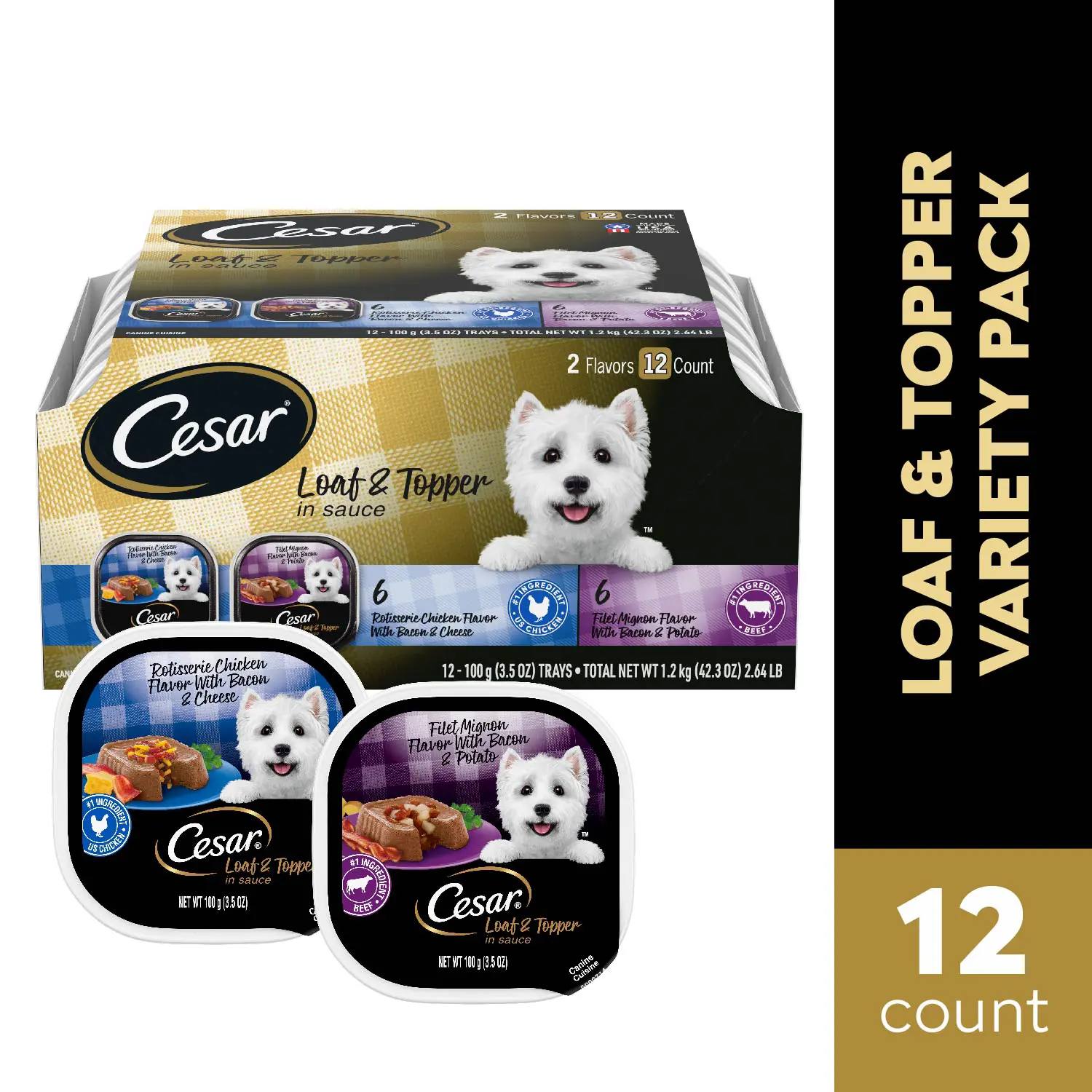 Cesar Loaf & Topper in Sauce Adult Wet Dog Food Variety Pack Rotisserie Chicken, Filet Mignon 12 Count 3.5-oz - Image 2