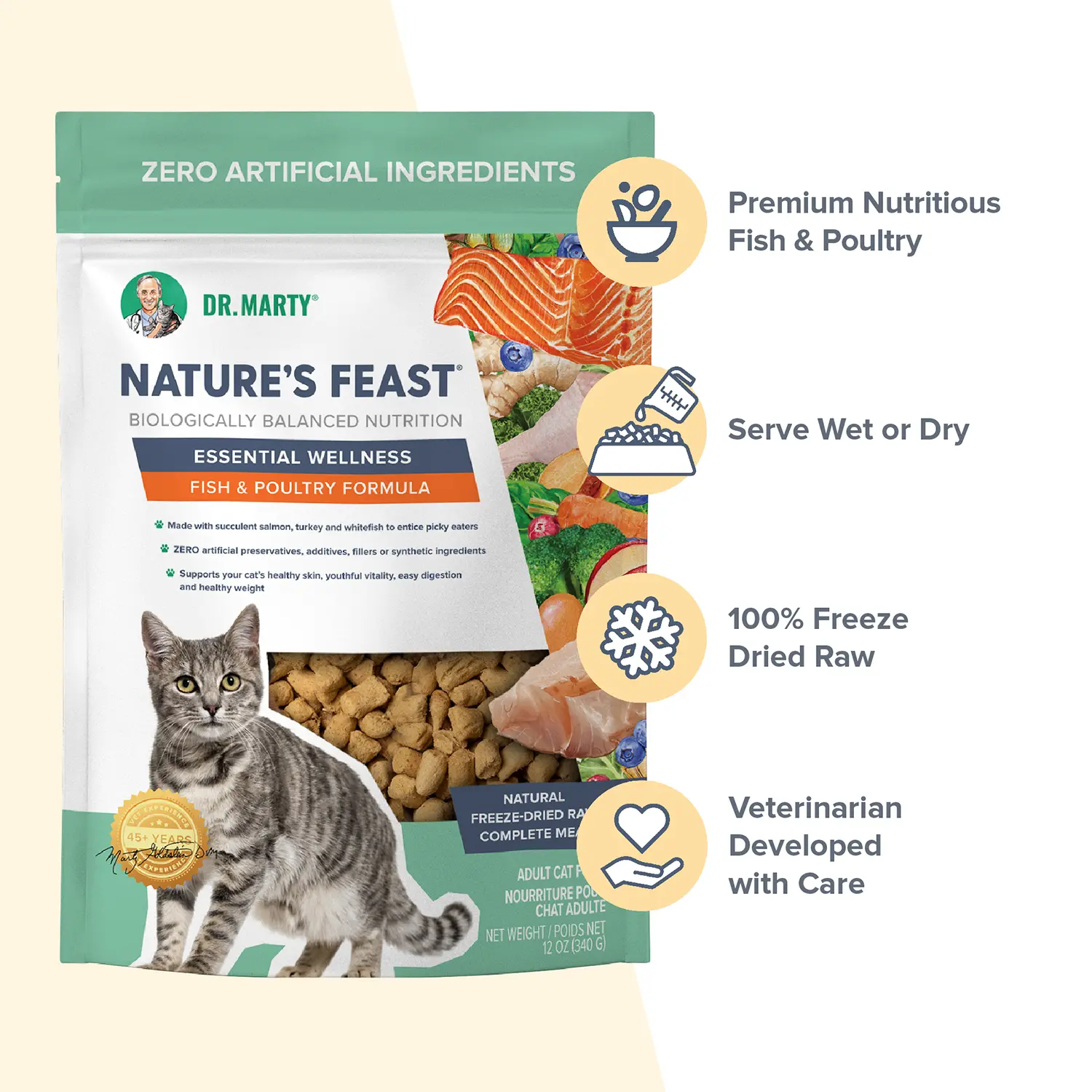 Dr. Marty Nature's Feast Essential Wellness Premium Freeze-Dried Raw Adult Cat Food Fish & Poultry 12-oz - Image 3
