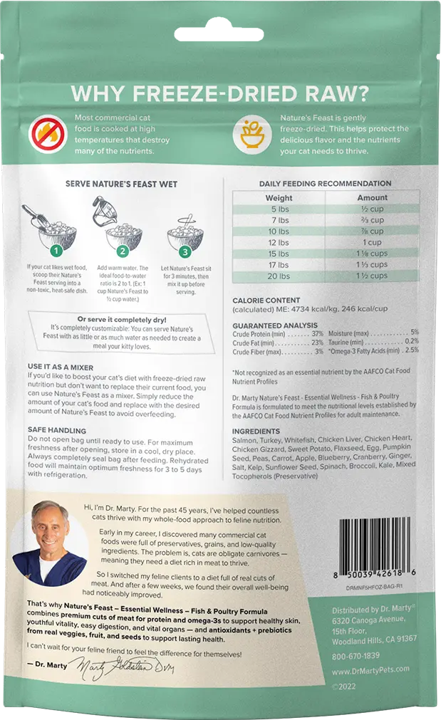 Dr. Marty Nature's Feast Essential Wellness Premium Freeze-Dried Raw Adult Cat Food Fish & Poultry 5.5-oz - Image 2