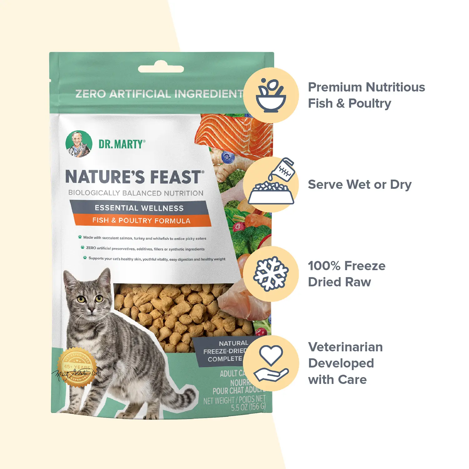 Dr. Marty Nature's Feast Essential Wellness Premium Freeze-Dried Raw Adult Cat Food Fish & Poultry 5.5-oz - Image 3