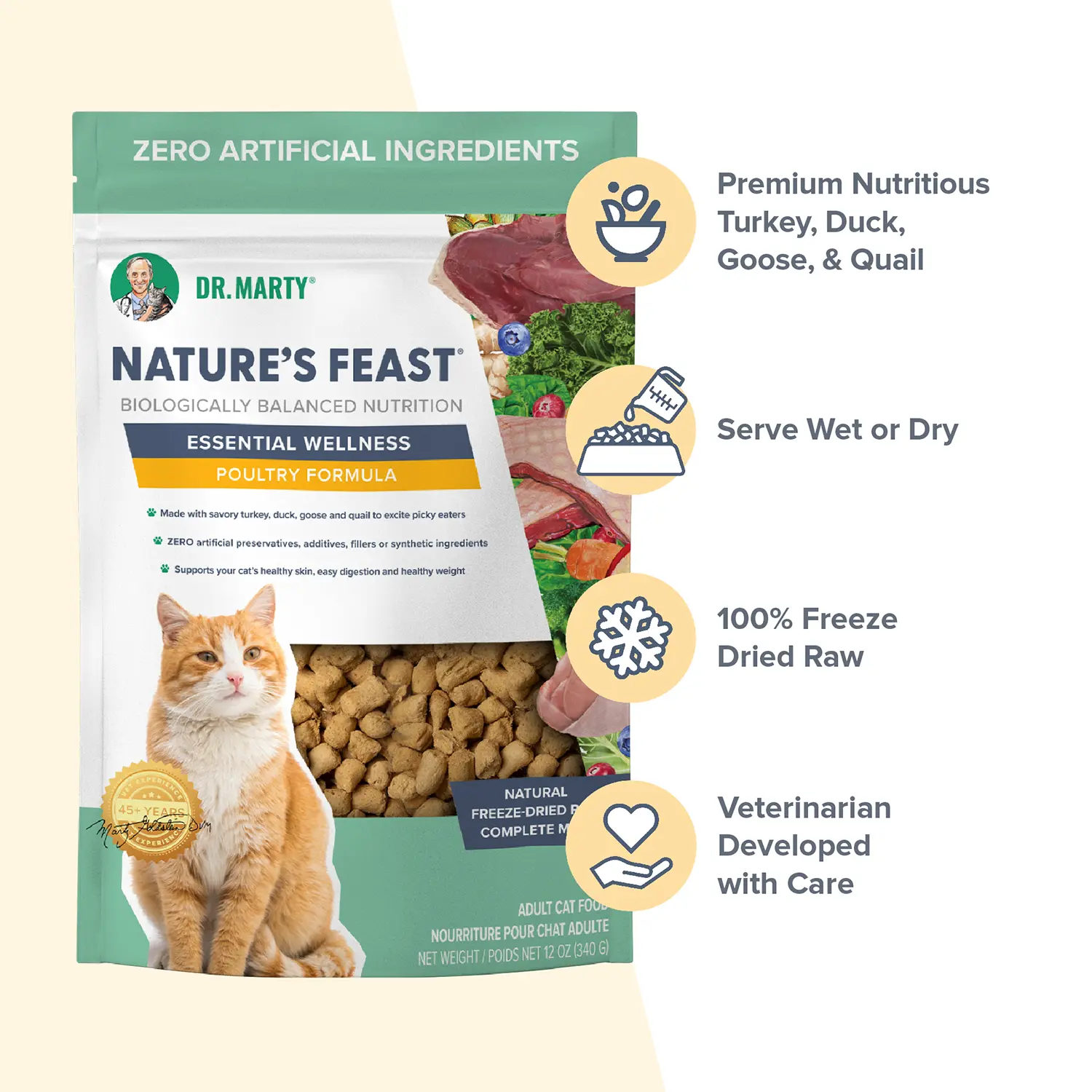 Dr. Marty Nature's Feast Essential Wellness Premium Freeze-Dried Raw Adult Cat Food Poultry 12-oz - Image 3