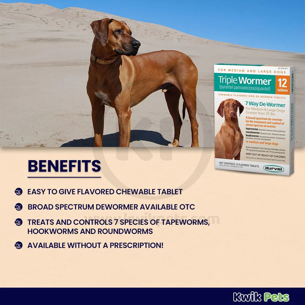 Durvet Triple Wormer Chewable Tablets for Medium & Large Dogs 12 Count - Image 3