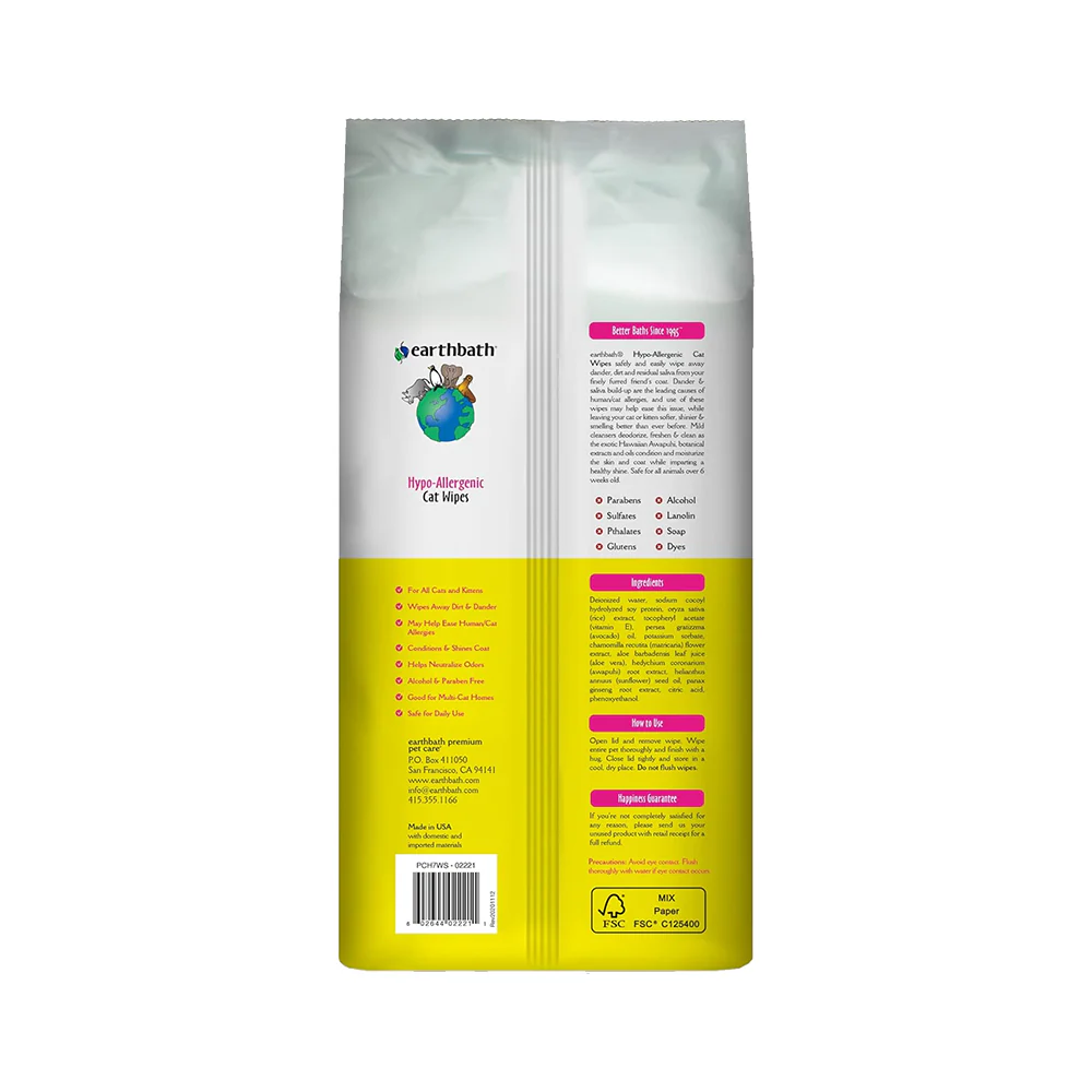 Earthbath Hypo-Allergenic Cat Grooming Wipes Fragrance Free 100 Count - Image 2
