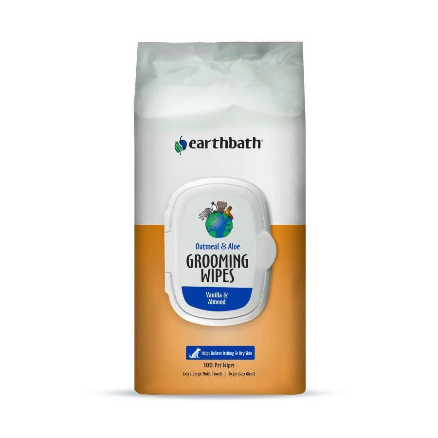 Earthbath Oatmeal & Aloe Grooming Wipes for Dogs & Cats Vanilla & Almond 100 Count