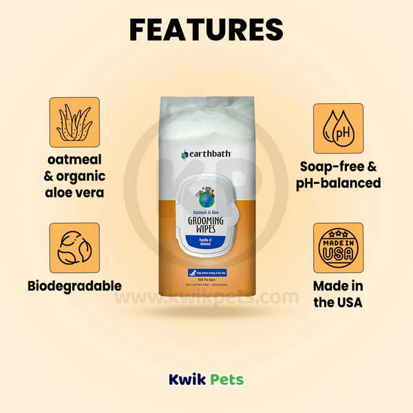 Earthbath Oatmeal & Aloe Grooming Wipes for Dogs & Cats Vanilla & Almond 100 Count - Image 3