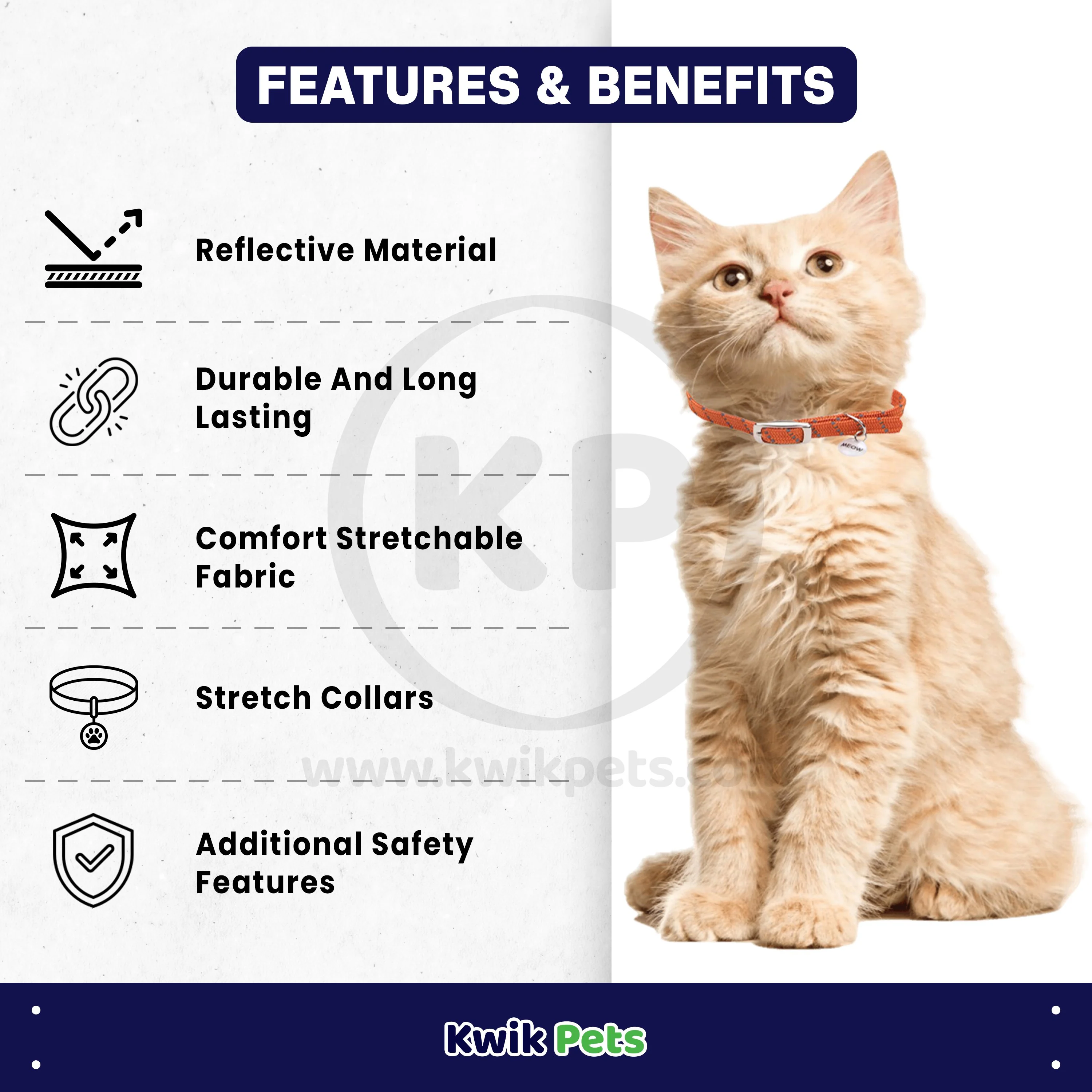 Elasta Cat Reflective Safety Stretch Collar with Reflective Charm Orange, 3/8 In X 10 in - Image 2