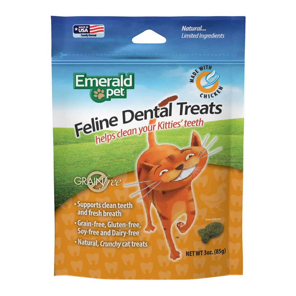 Emerald Pet Grain-Free Feline Dental Crunchy Cat Treats Chicken 3-oz