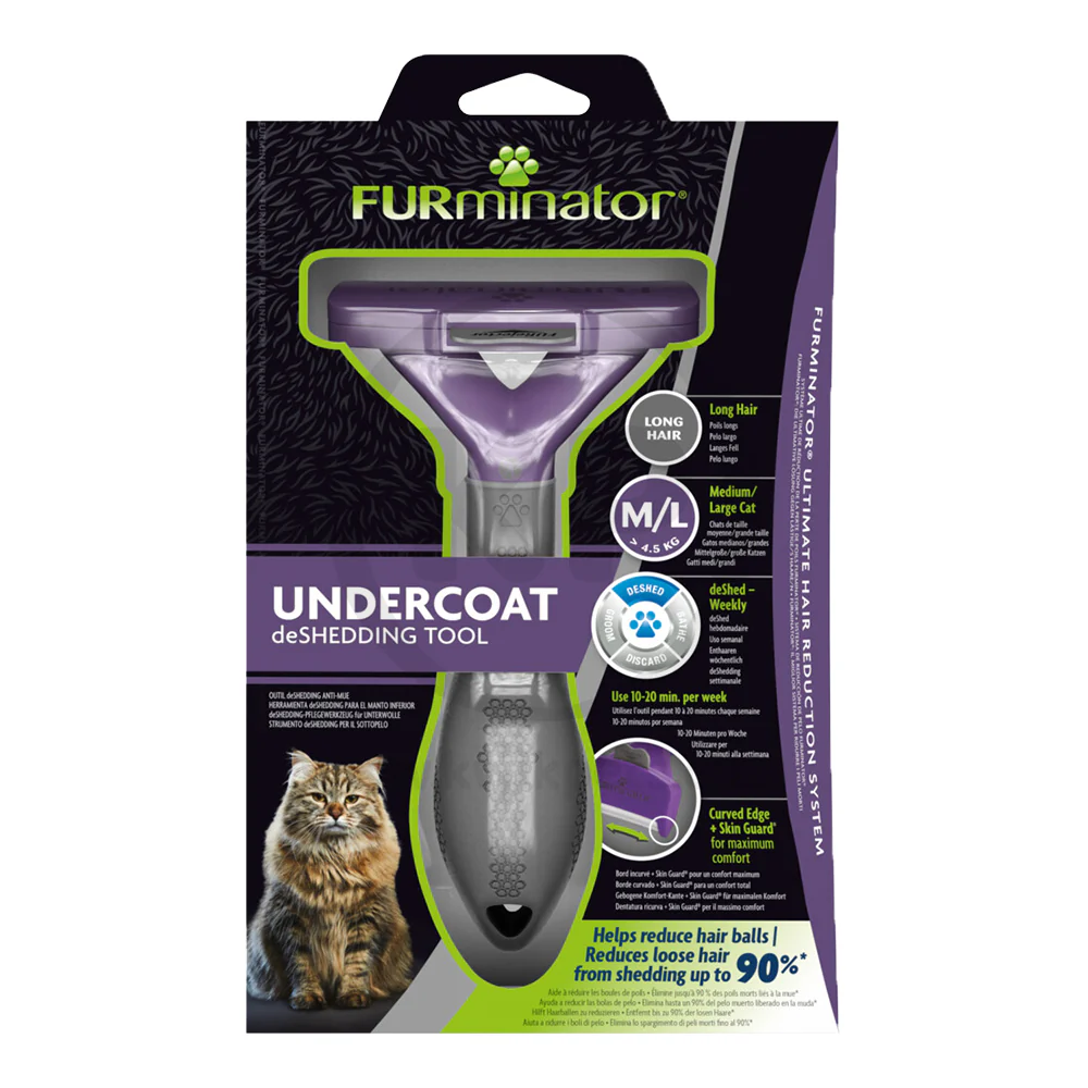 FURminator Undercoat deShedding Tool for Medium & Large Cats with Long Hair Black/Purple - Image 2