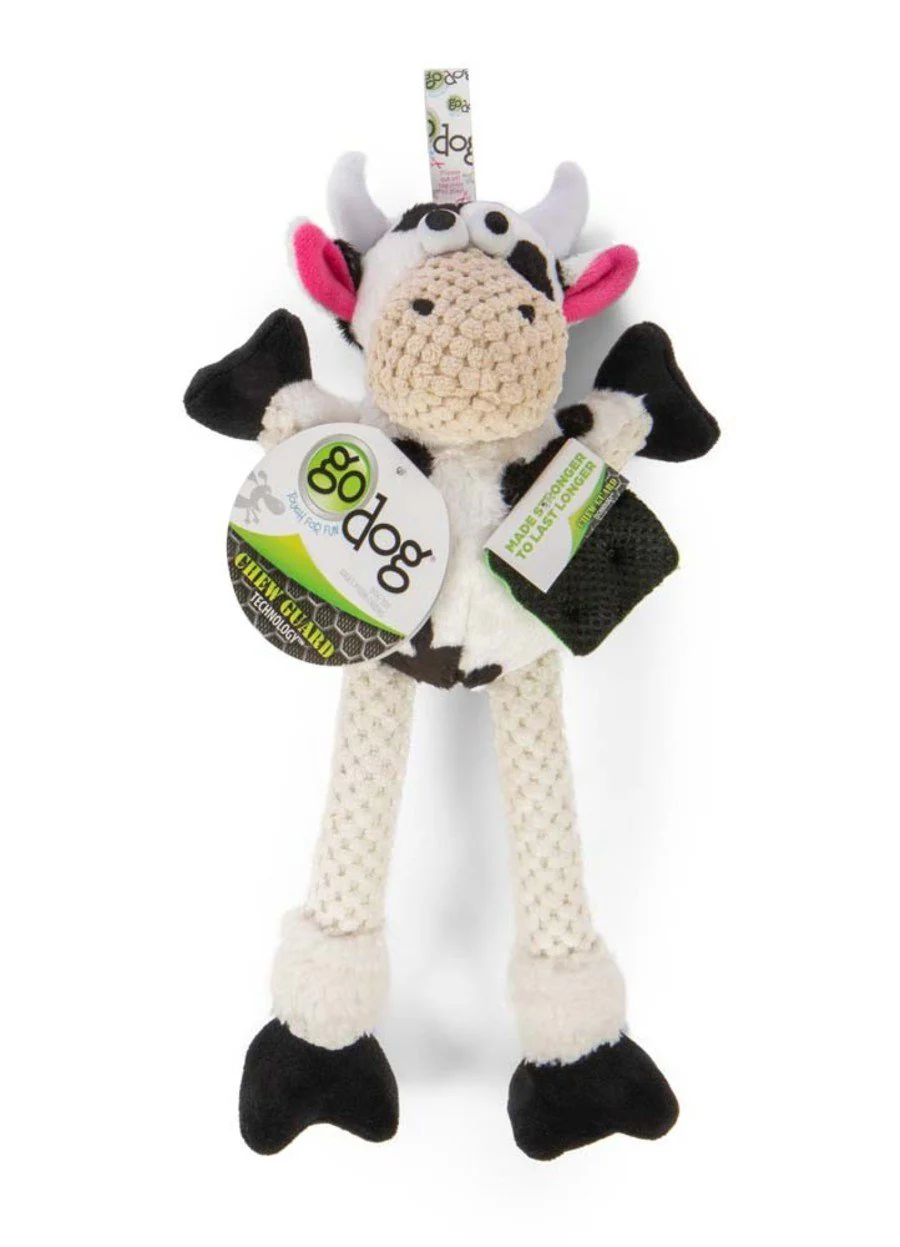 goDog Checkers Skinny Cow Durable Squeaky Plush Dog Toy White Small