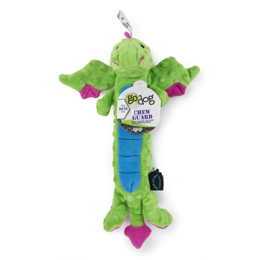 goDog Skinny Dragons Chew Guard Technology Squeaky Plush Dog Toy Green Large