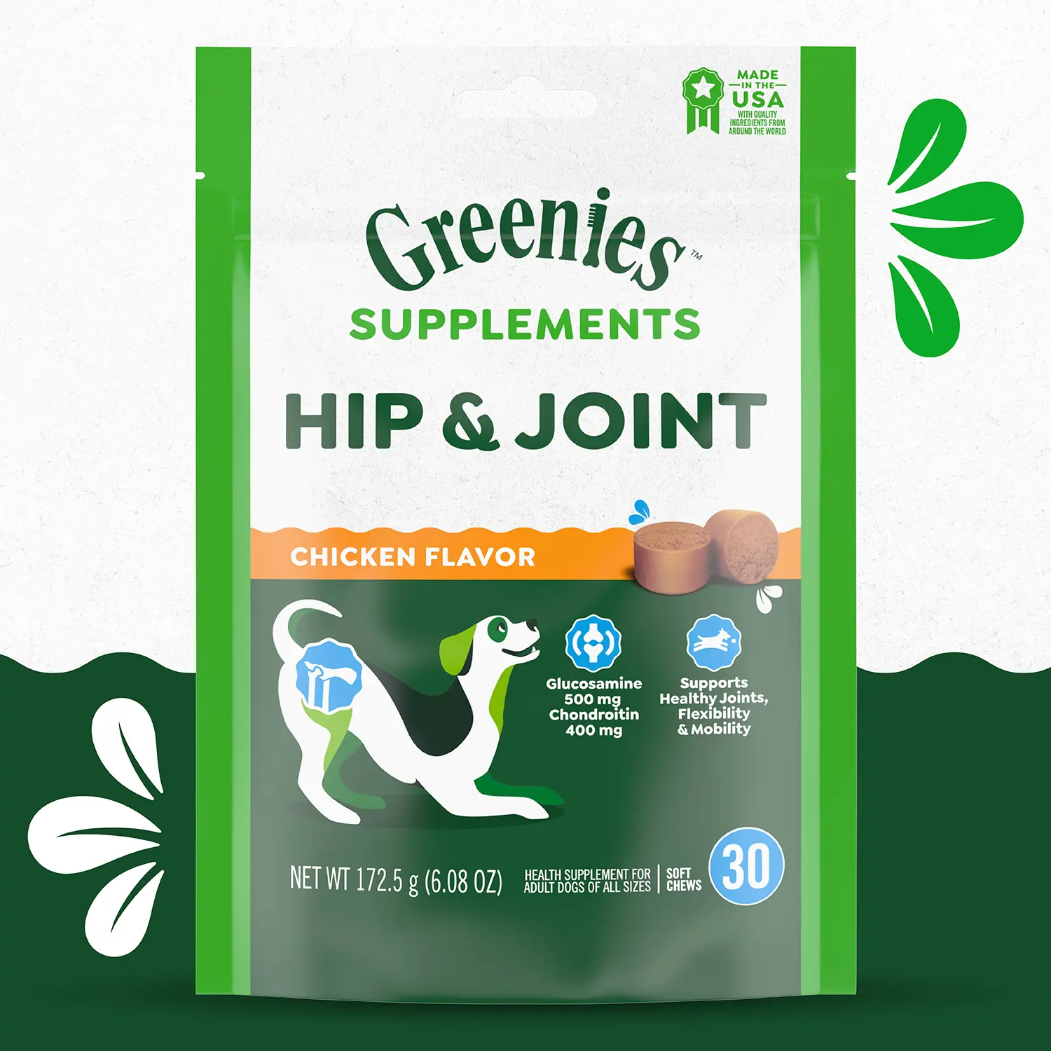 Greenies Hip & Joint Supplement Soft Chews for Adult Dogs Chicken Flavor 30 Count 6.08-oz