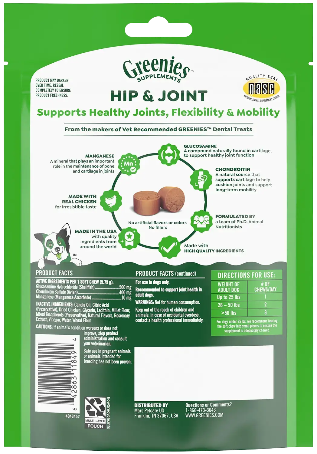 Greenies Hip & Joint Supplement Soft Chews for Adult Dogs Chicken Flavor 30 Count 6.08-oz - Image 3