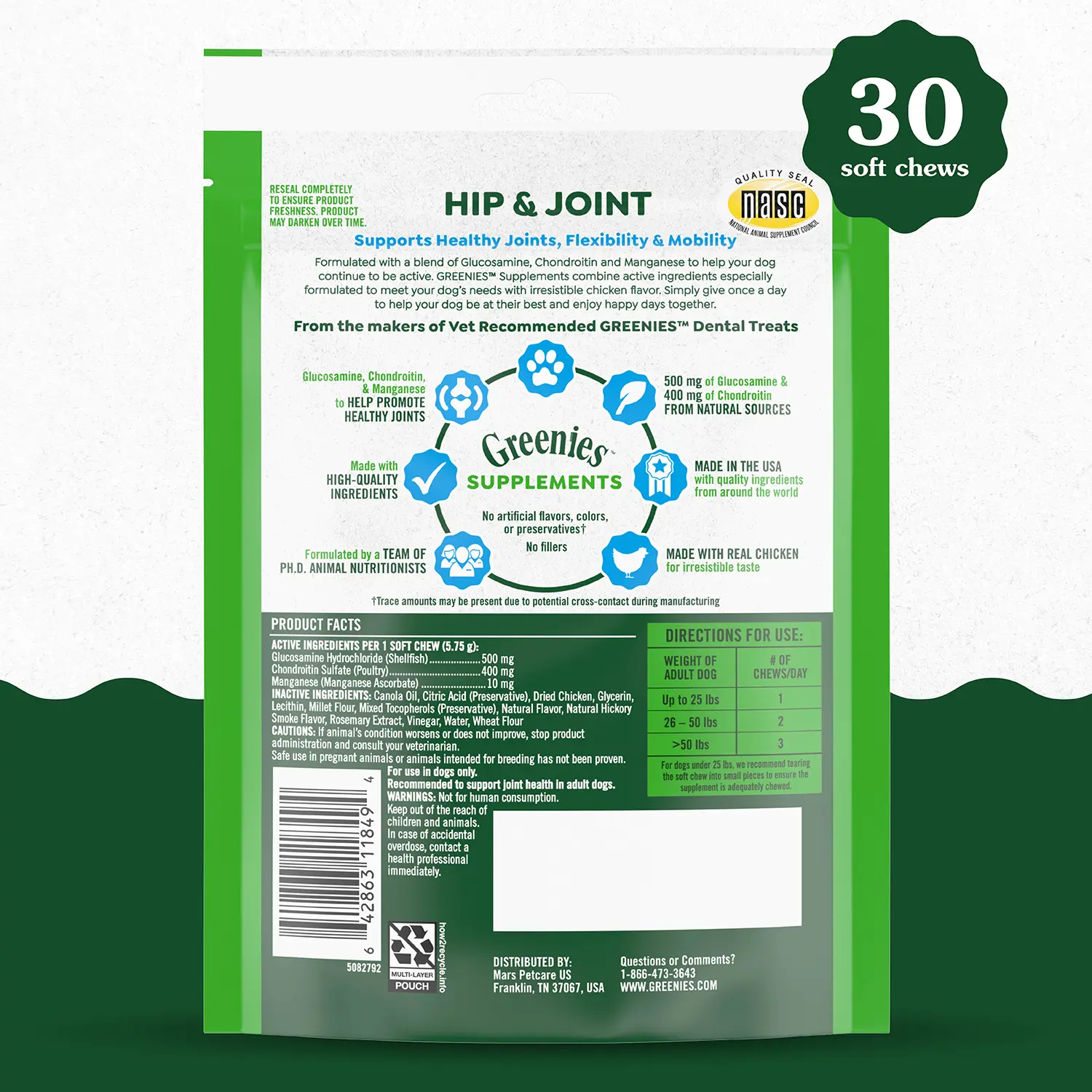 Greenies Hip & Joint Supplement Soft Chews for Adult Dogs Chicken Flavor 30 Count 6.08-oz - Image 4