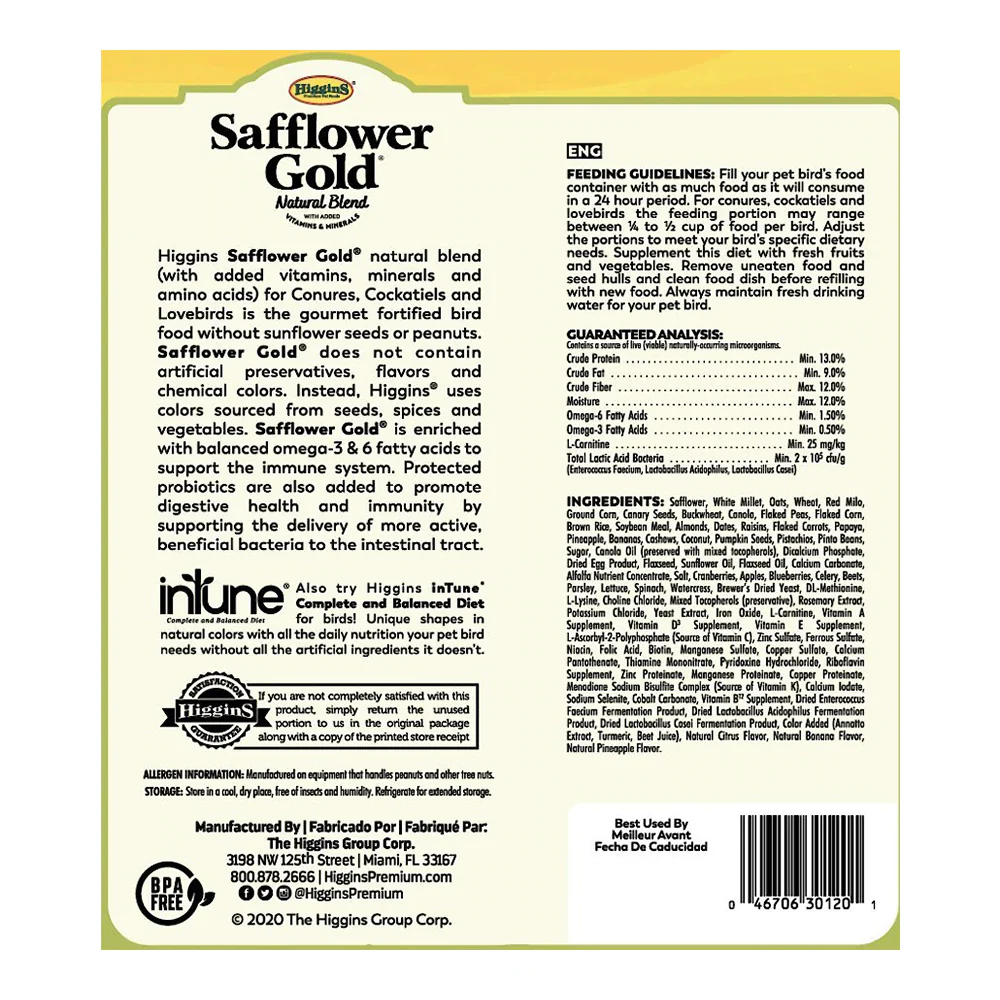 Higgins Safflower Gold Natural Blend Conure & Cockatiel Bird Food 3-lb - Image 2