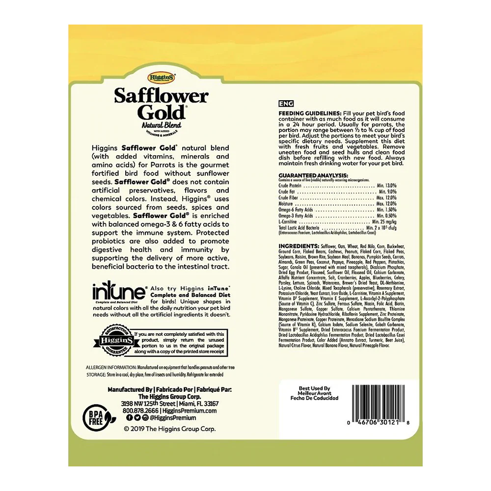 Higgins Safflower Gold Natural Blend Parrot Bird Food 3-lb - Image 2