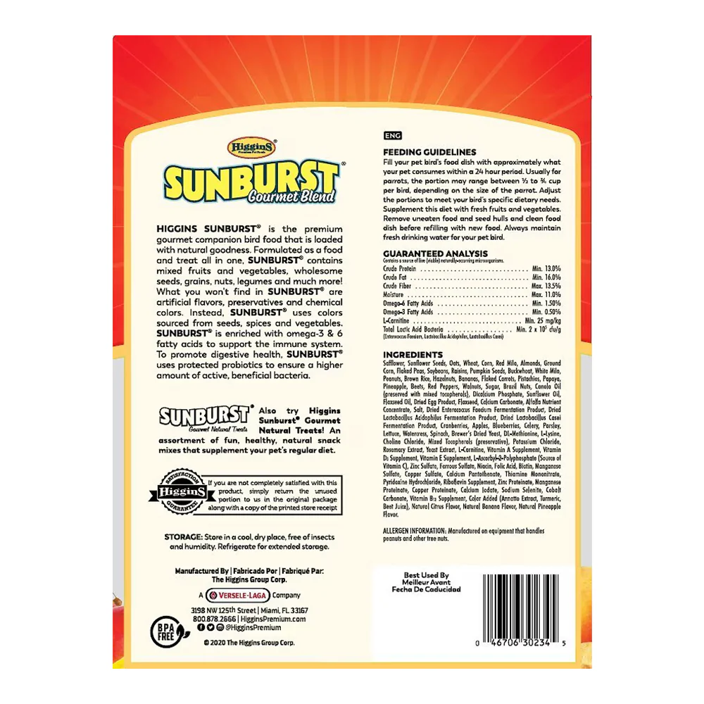 Higgins Sunburst Gourmet Blend Parrot Bird Food 3-lb - Image 2