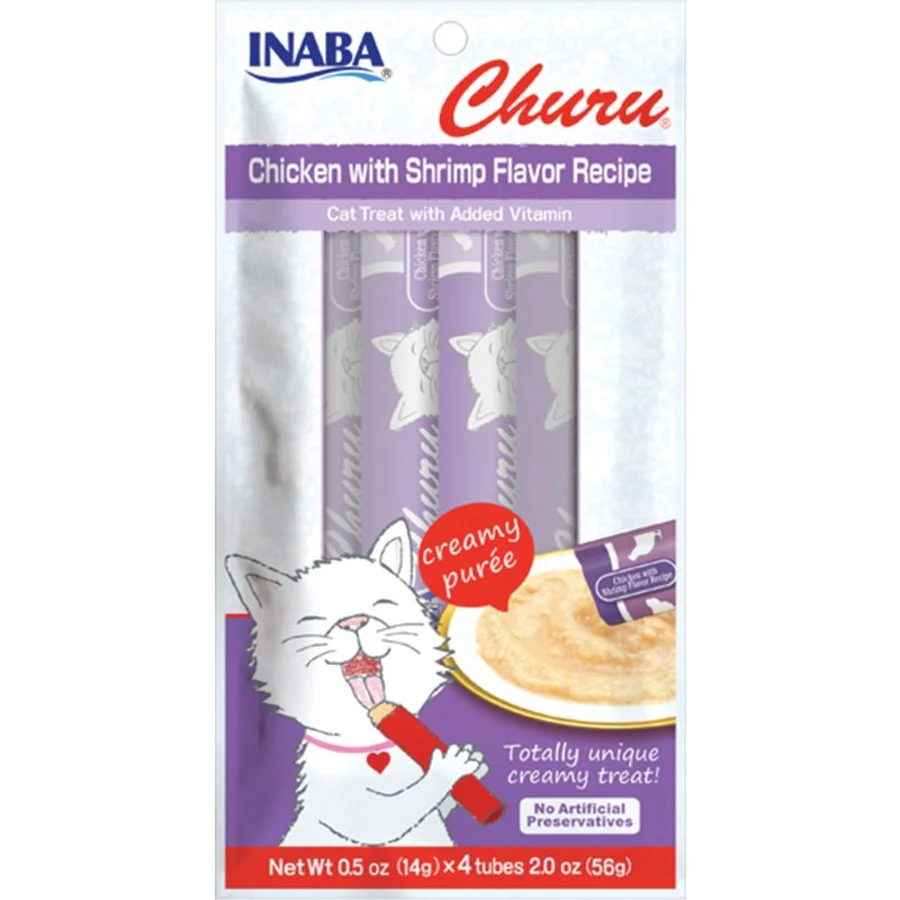Inaba Churu Creamy Purée Lickable Cat Treats Chicken with Shrimp Recipe 0.5-oz Tubes 4 Count
