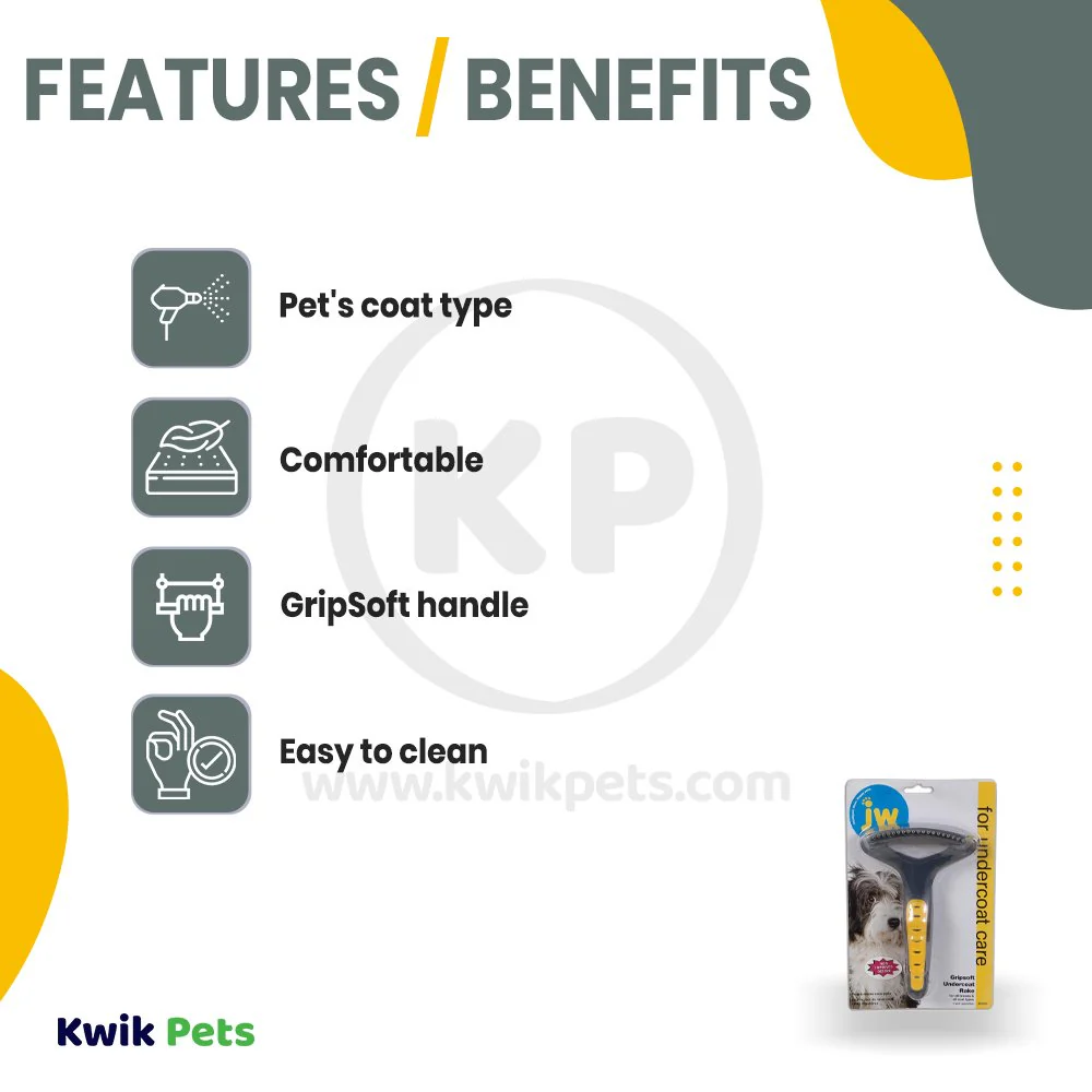JW Pet GripSoft Undercoat Rake Regular Teeth for Dogs Grey Yellow - Image 2