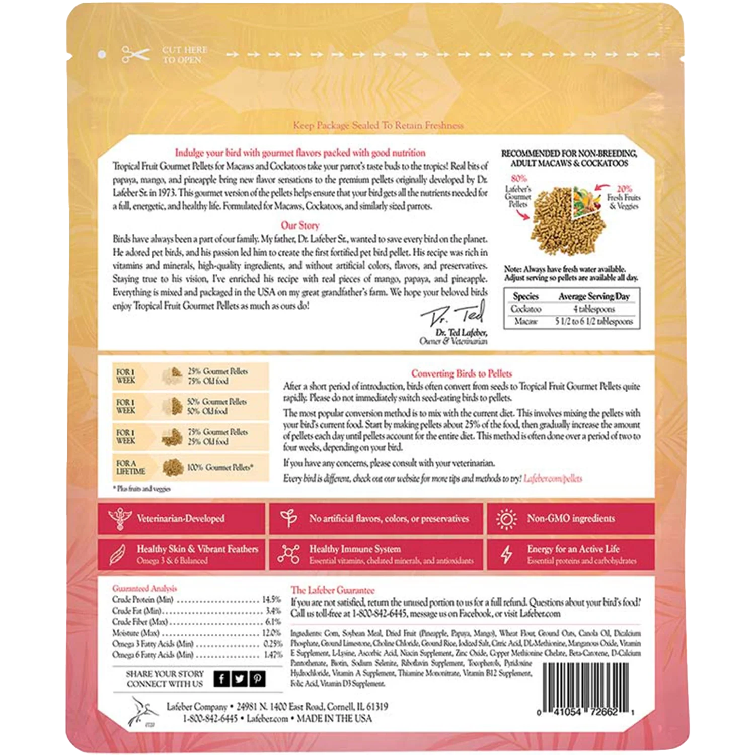 Lafeber Tropical Fruit Gourmet Pellets Macaw & Cockatoo Bird Food 4-lb - Image 2