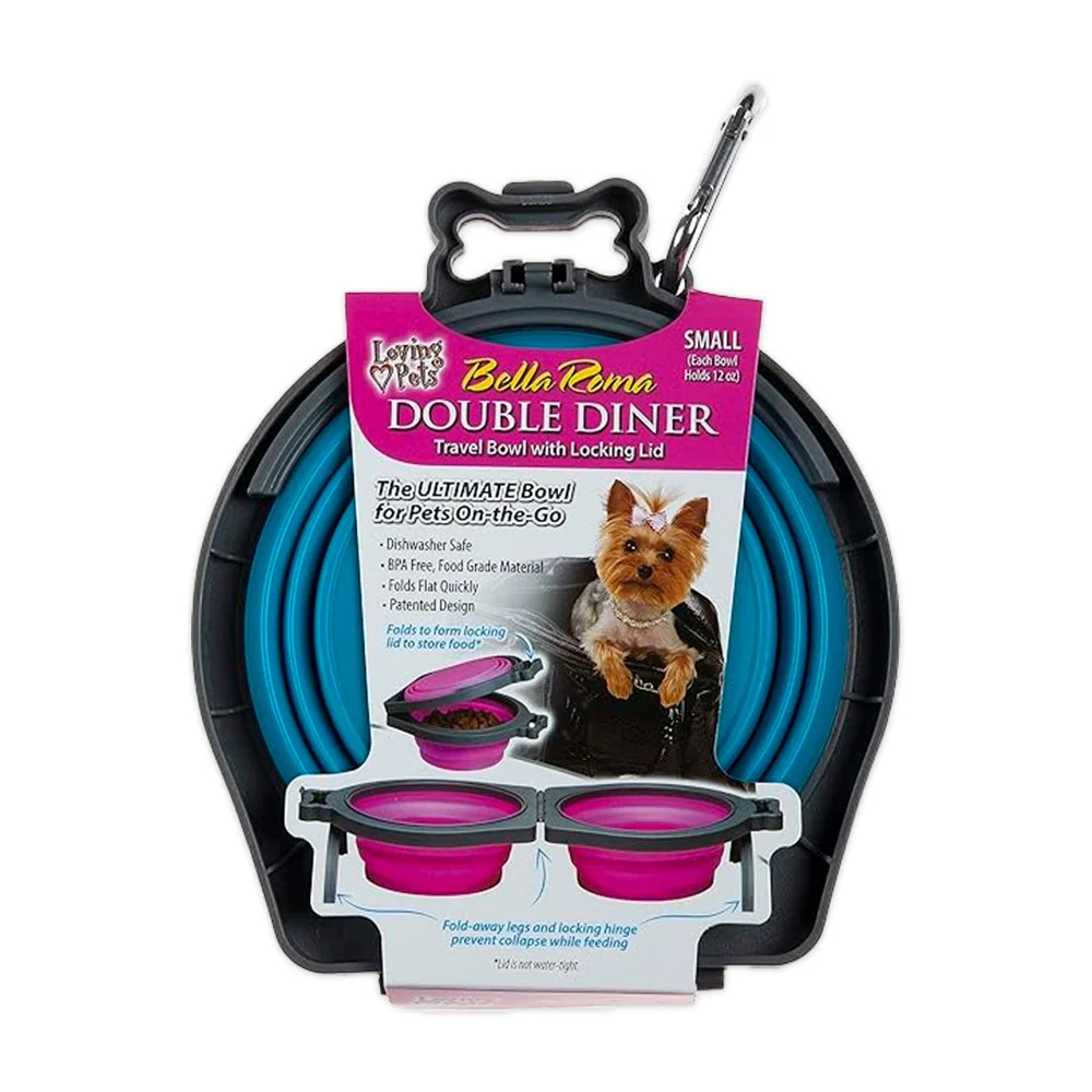 Loving Pets Travel Double Diner Dog Bowl Blue Small