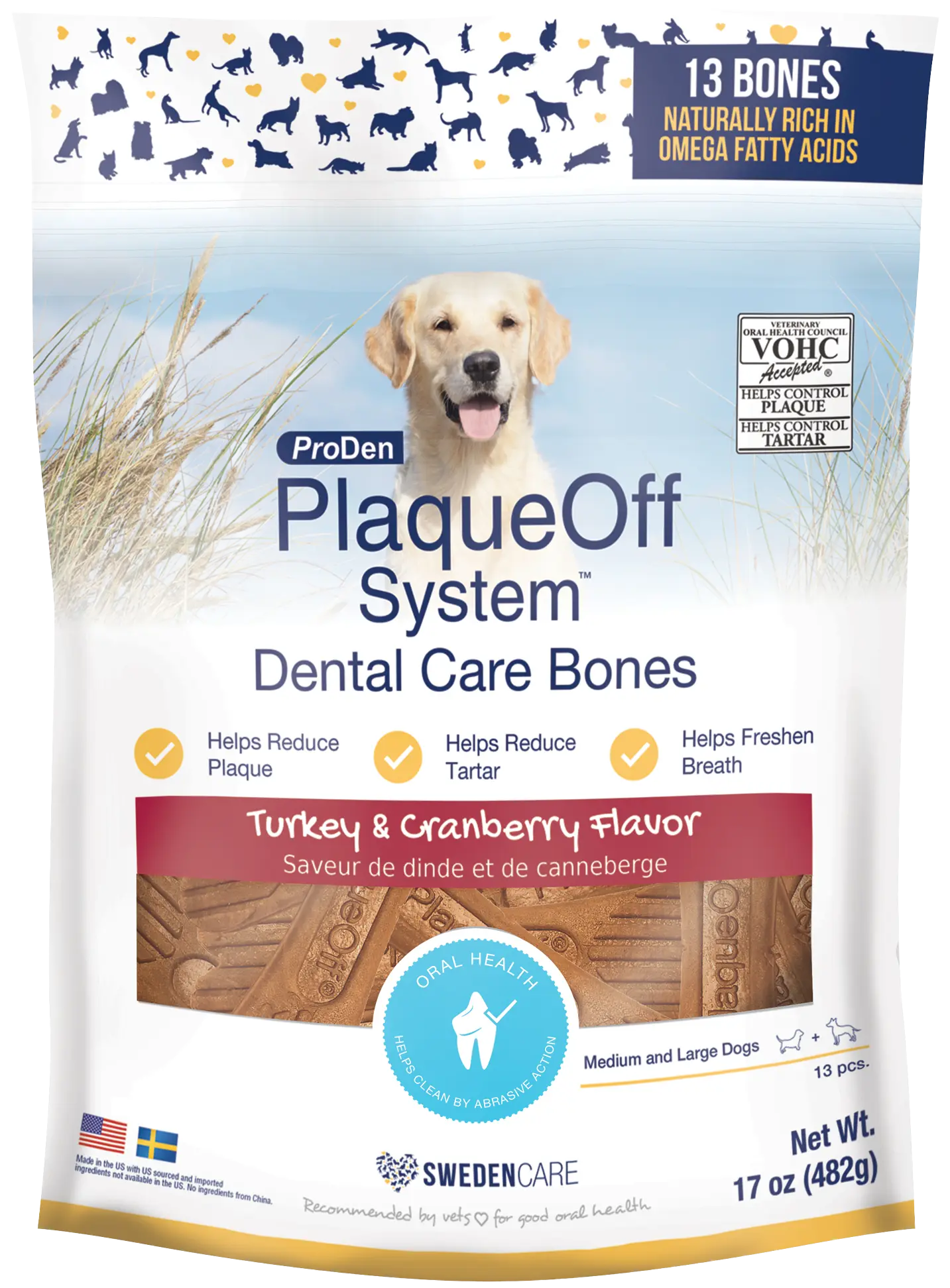 NaturVet Proden PlaqueOff System Dental Care Dog Bones Turkey & Cranberry 13 Count 17-oz
