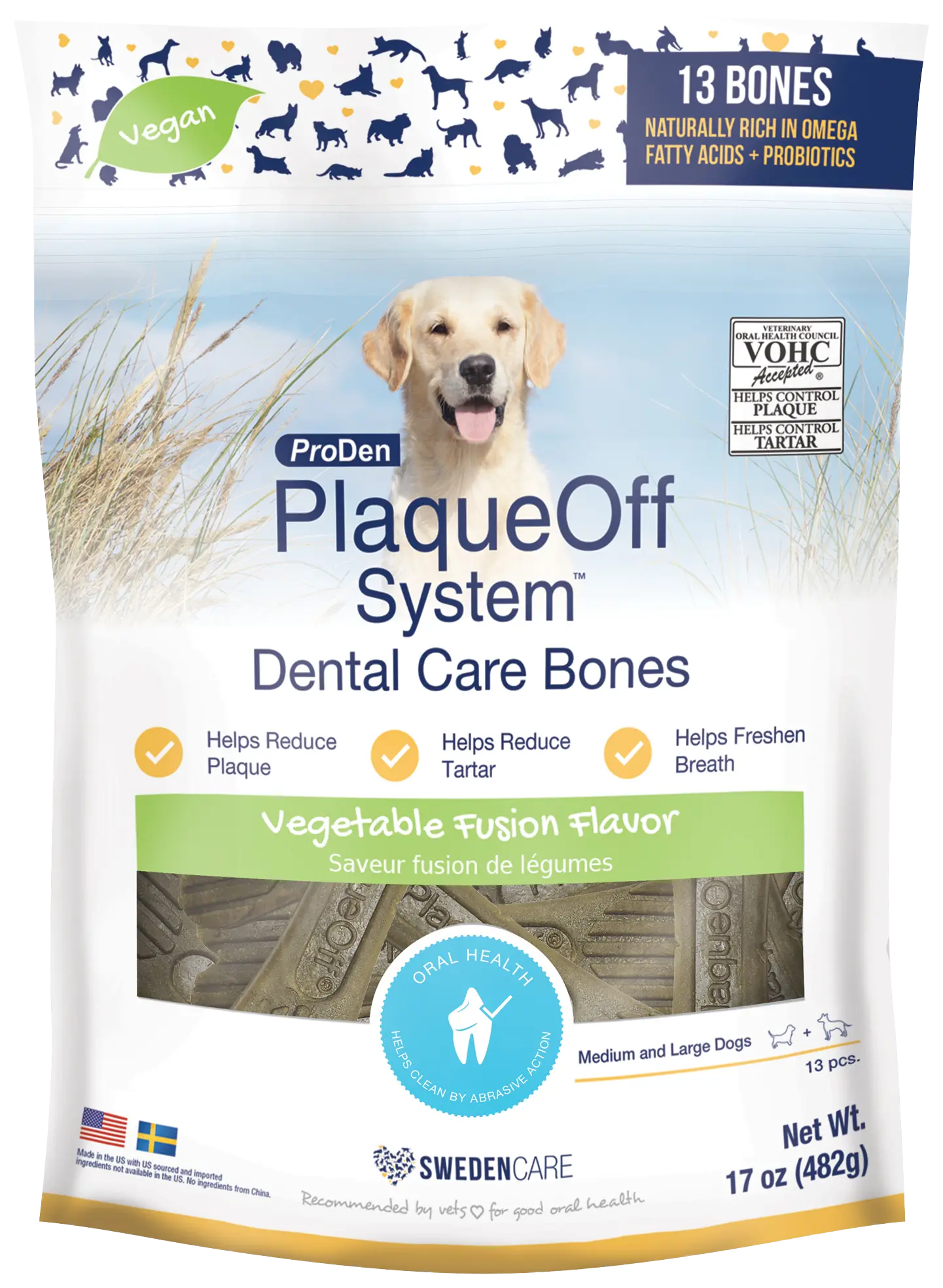 NaturVet Proden PlaqueOff System Dental Care Dog Bones Vegetable Fusion 13 Count 17-oz