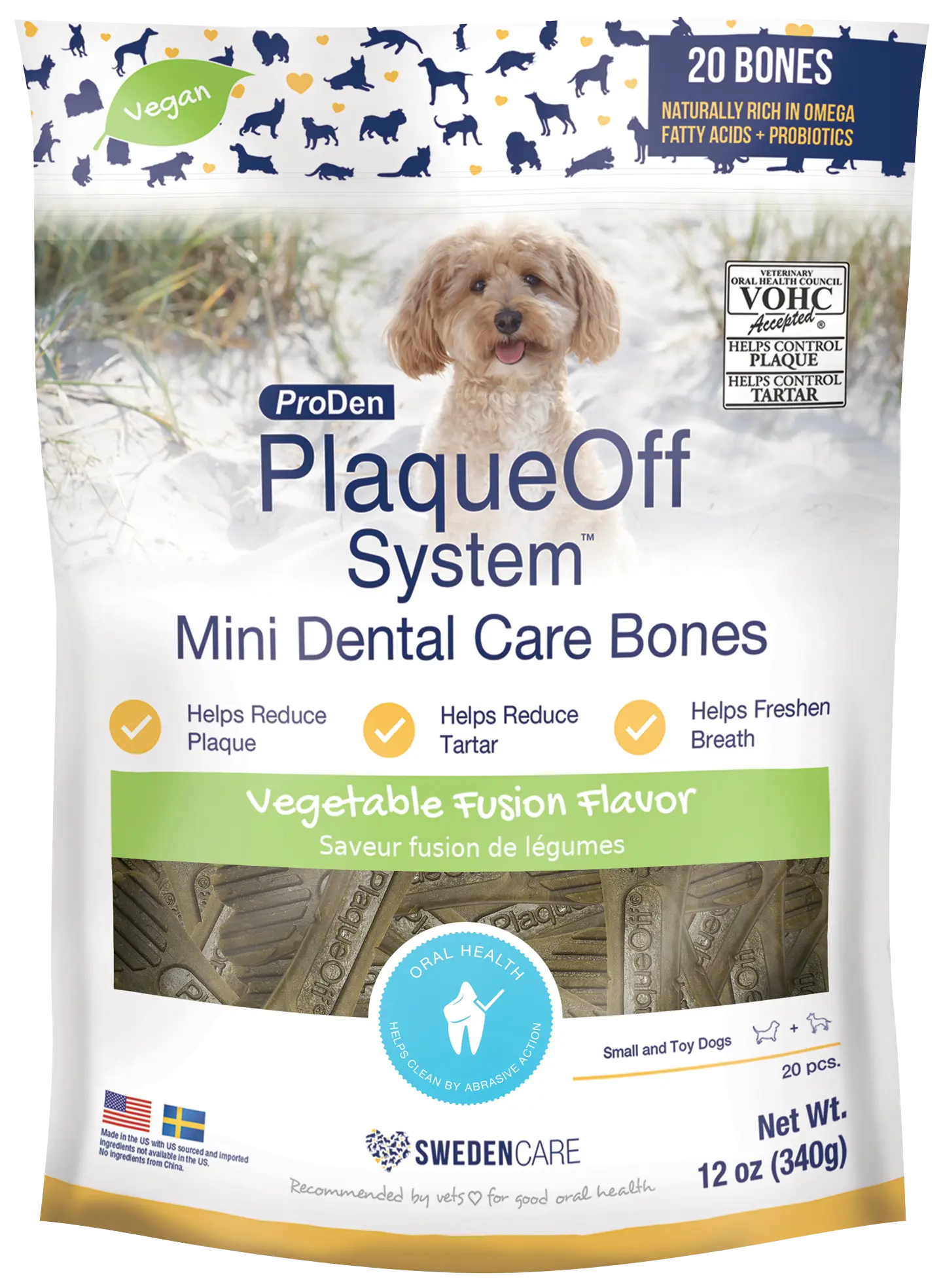 NaturVet Proden PlaqueOff System Dental Care Mini Dog Bones Vegetable Fusion 20 Count 12-oz