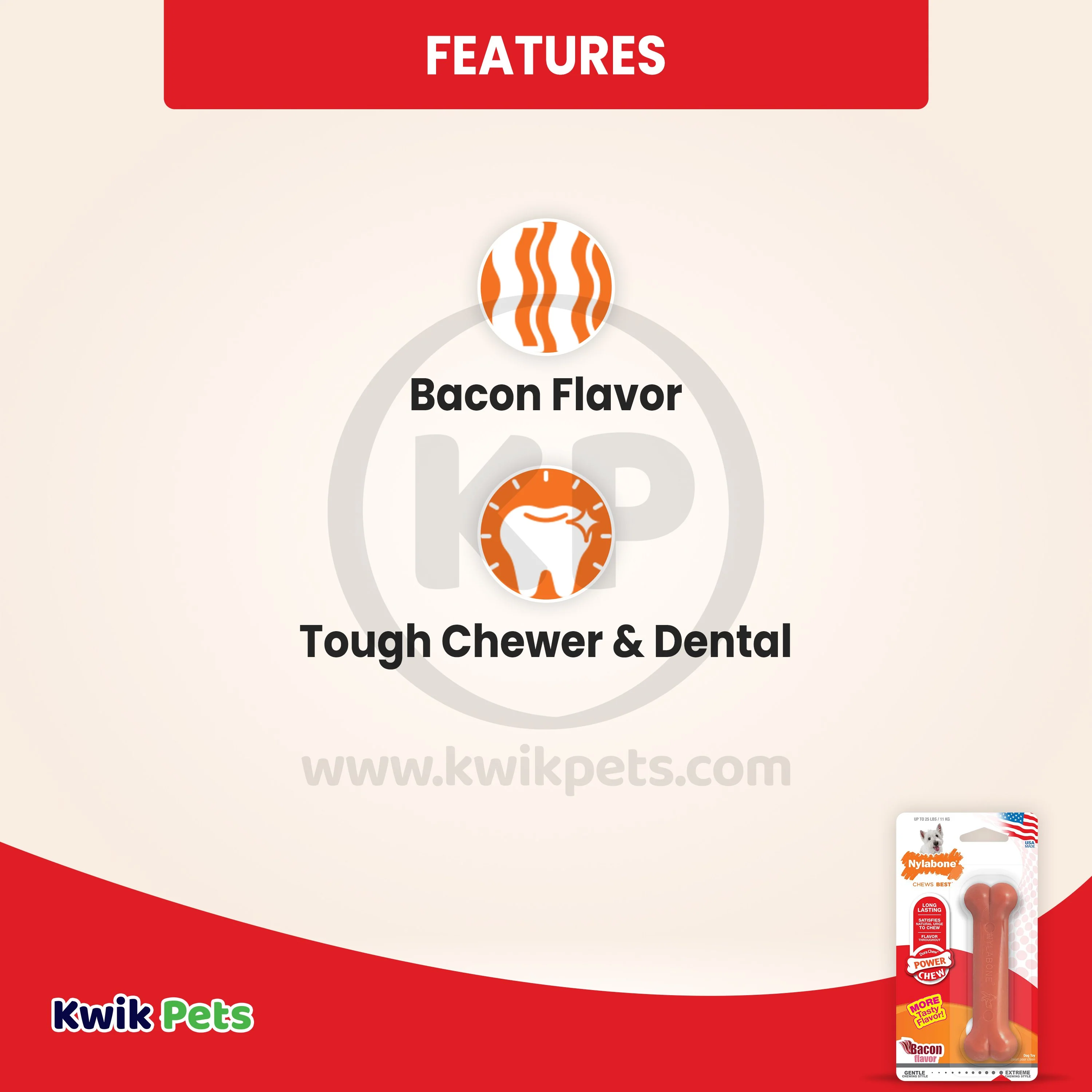 Nylabone Power Chew Dog Toy Bacon Small/Regular - Up To 25 Ibs - Image 3