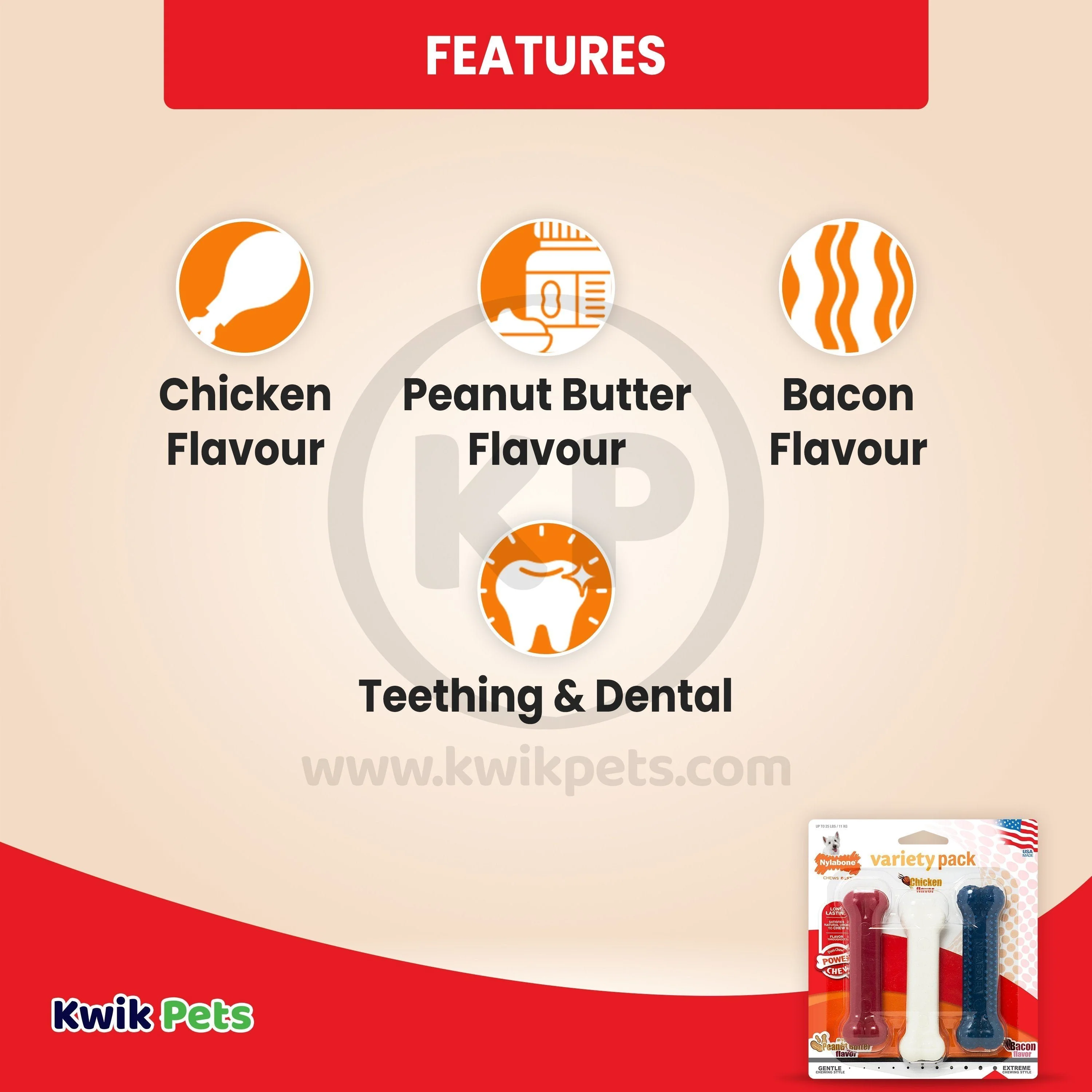 Nylabone Power Chew Variety Triple Pack Chicken Bacon & Peanut Butter Small/Regular - Up To 25 Ibs 3 Count - Image 3