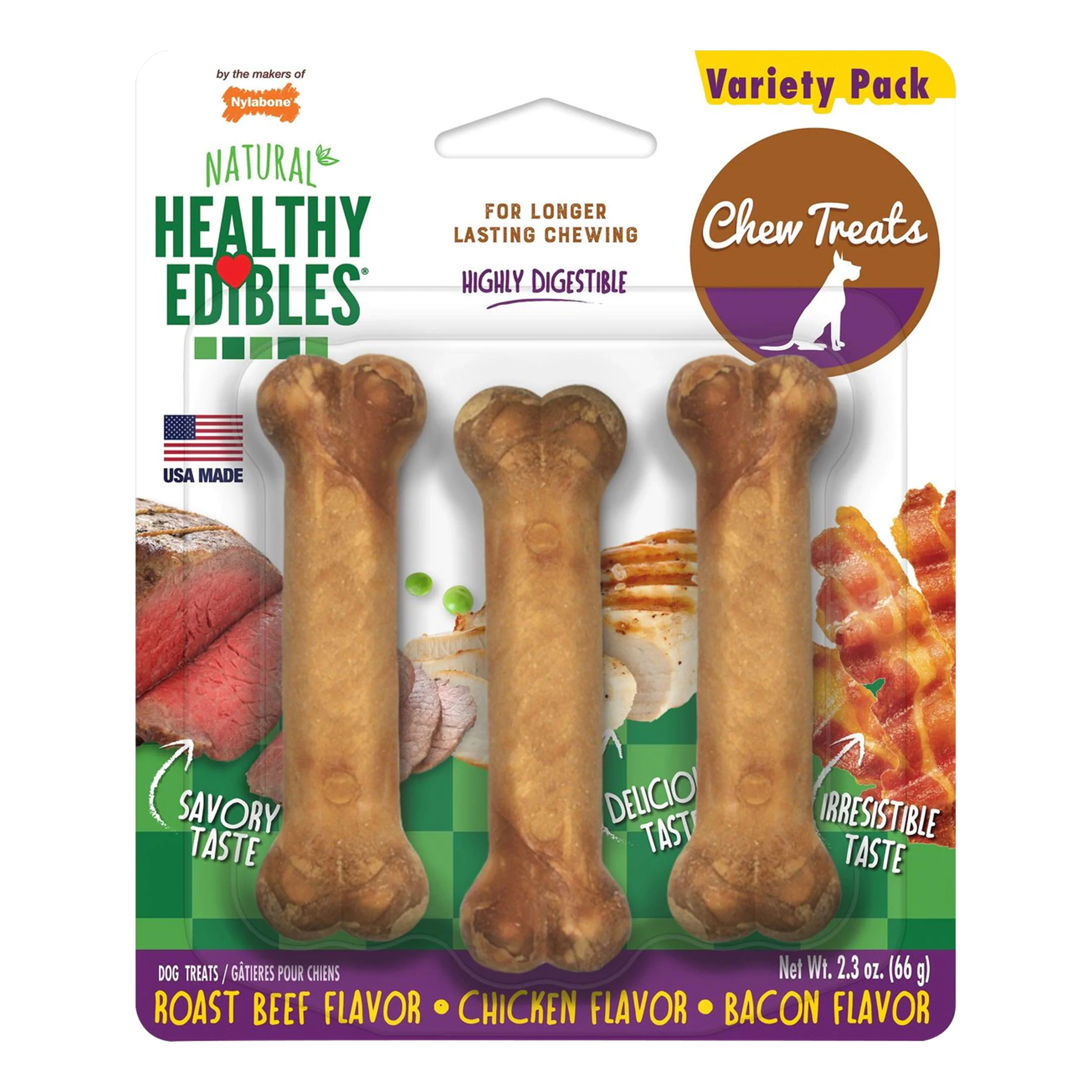 Nylabone Healthy Edibles All-Natural Long Lasting Chew Treats Variety Pack Roast Beef Chicken & Bacon Petite - Up To 15 lbs 3 Count
