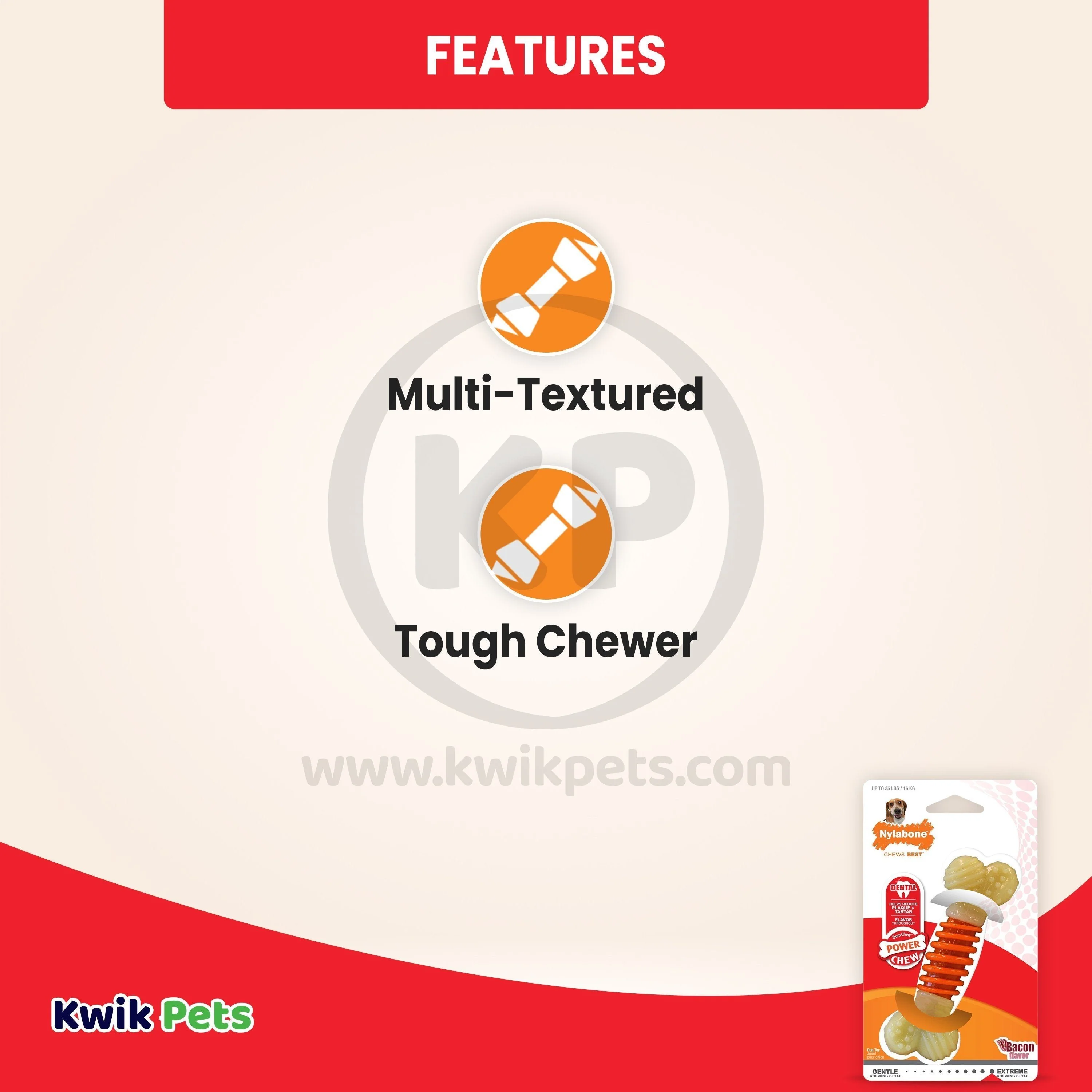 Nylabone PRO Action Dental Power Chew Durable Dog Toy Bacon Flavor Orange Medium/Wolf - Up To 35 lbs - Image 2