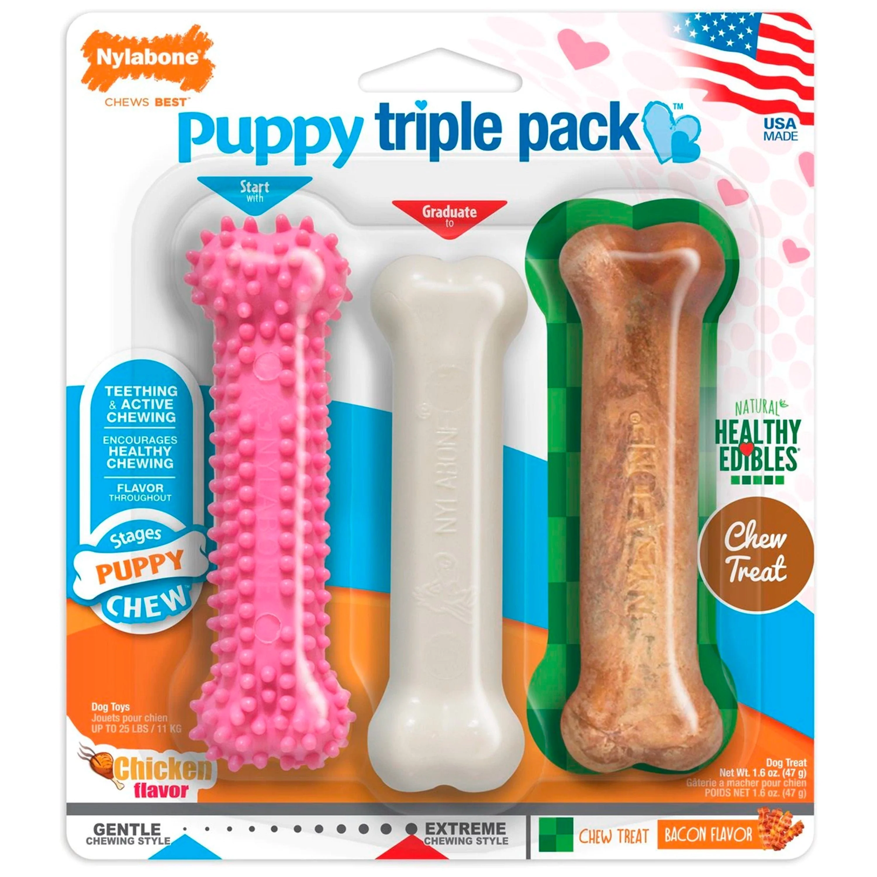 Nylabone Puppy Chew Toy & Treat Variety Triple Pack Chicken Starter Kit Small/Regular - Up To 25 Ibs 3 Count