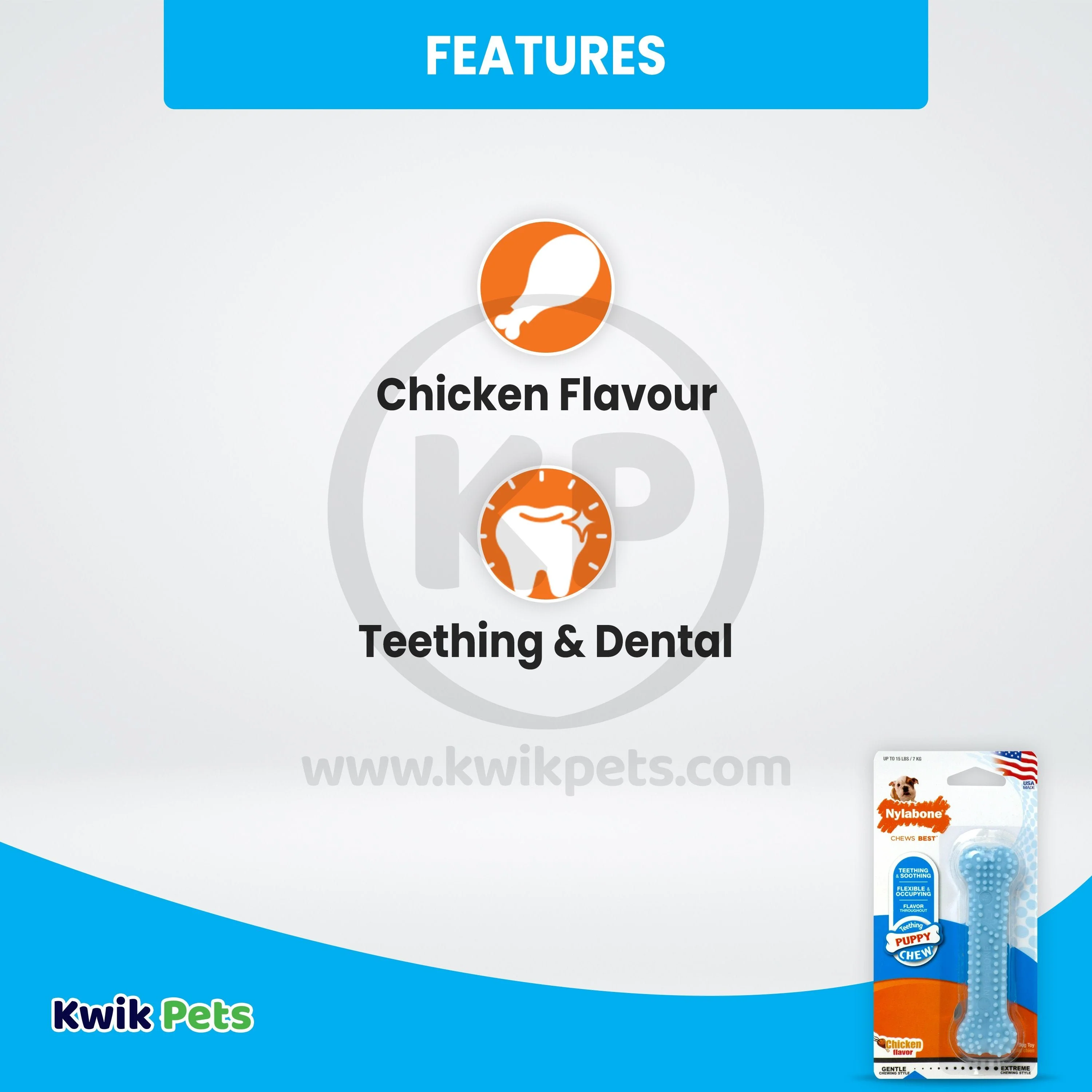 Nylabone Puppy Teething & Soothing Flexible Chew Toy Chicken Flavor Blue XS/Petite - Up To 15 lbs - Image 3