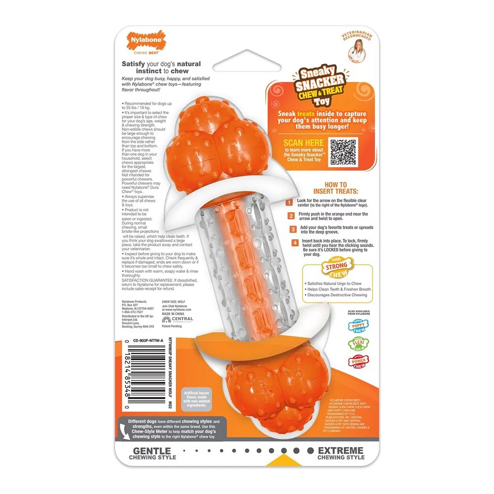 Nylabone Sneaky Snacker Chew & Treat Dog Toy Bacon Flavor Orange Medium/Wolf - Up To 35 lbs - Image 2