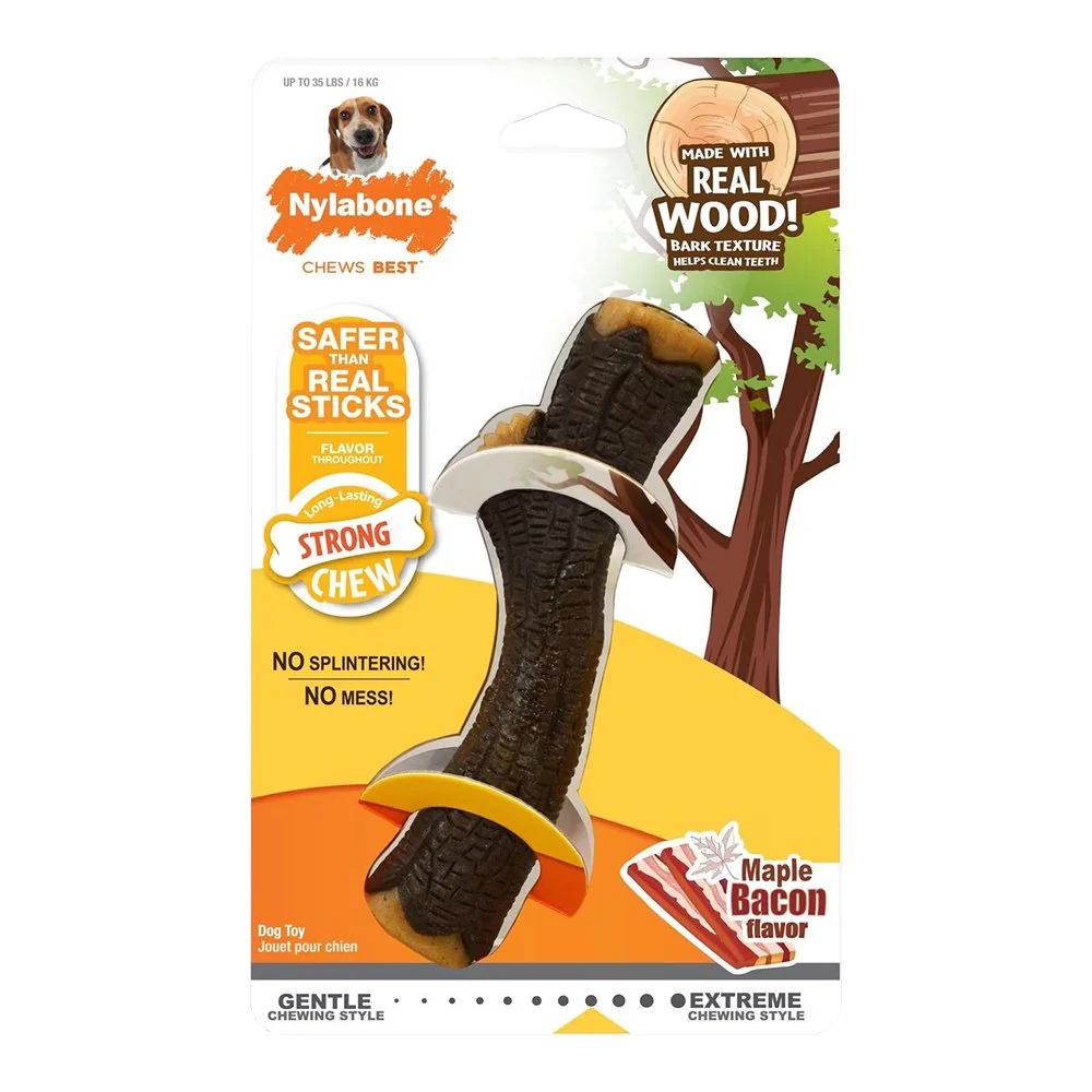 Nylabone Strong Chew Real Wood Dog Stick Toy Bacon Medium/Wolf - Up To 35 lbs