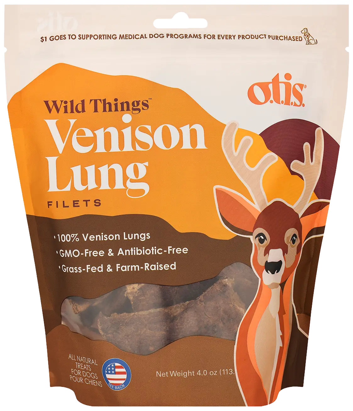 O.T.I.S. Wild Things Dog Treat Filets Venison Lung 4-oz
