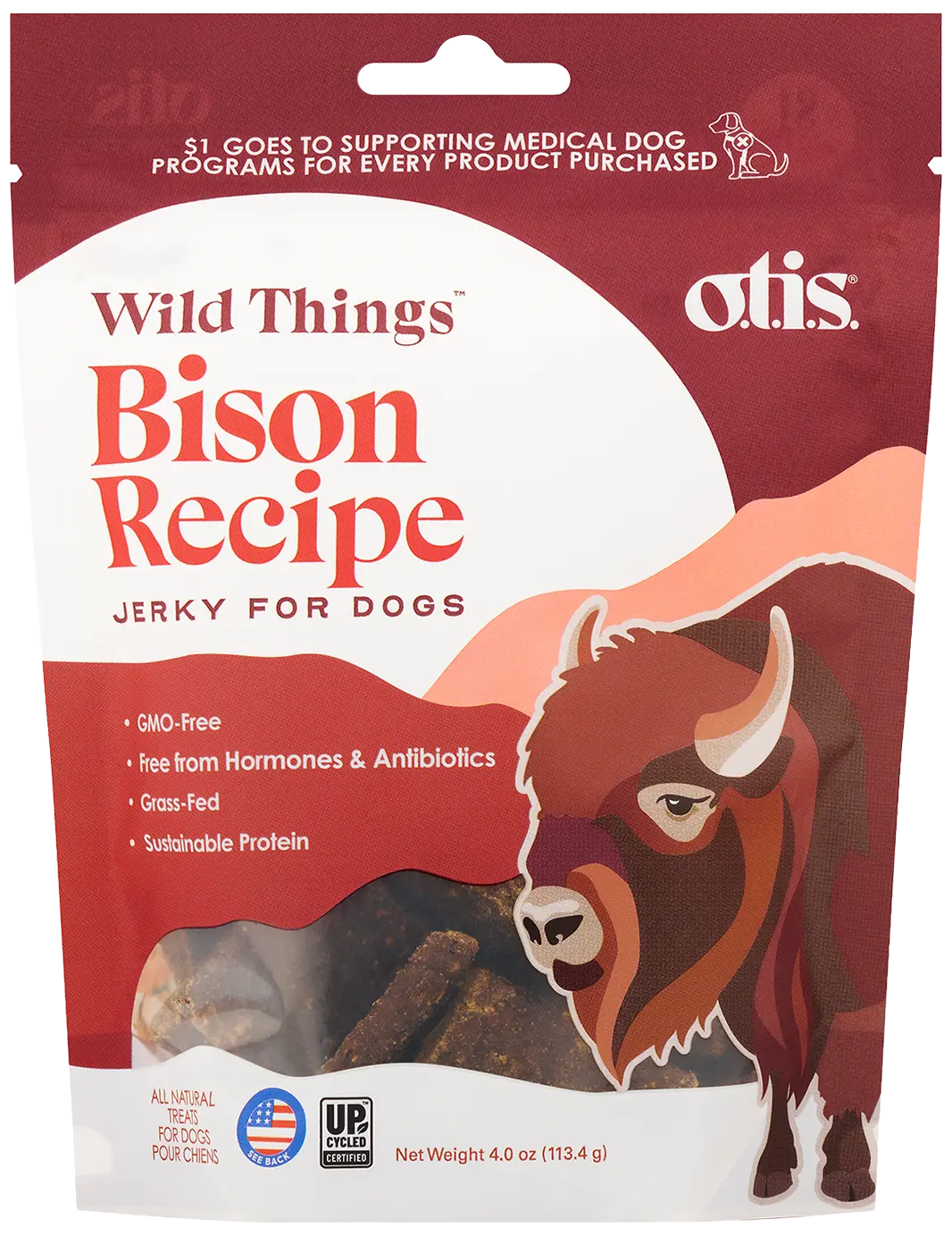 O.T.I.S. Wild Things Jerky Dog Treats Bison Recipe 4-oz