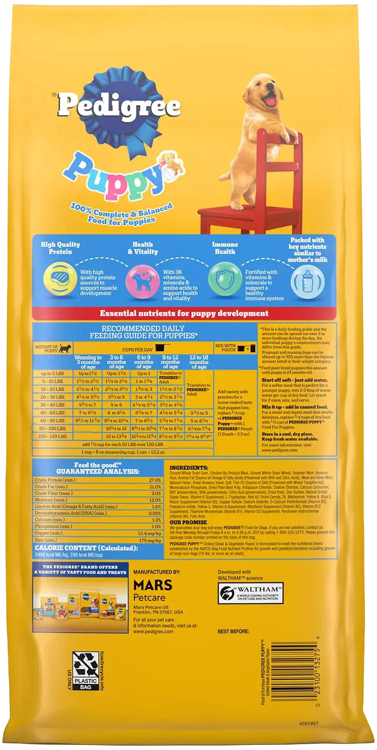 Pedigree Puppy Growth & Protection Dry Dog Food Grilled Steak & Vegetable 3.5-lb - Image 2