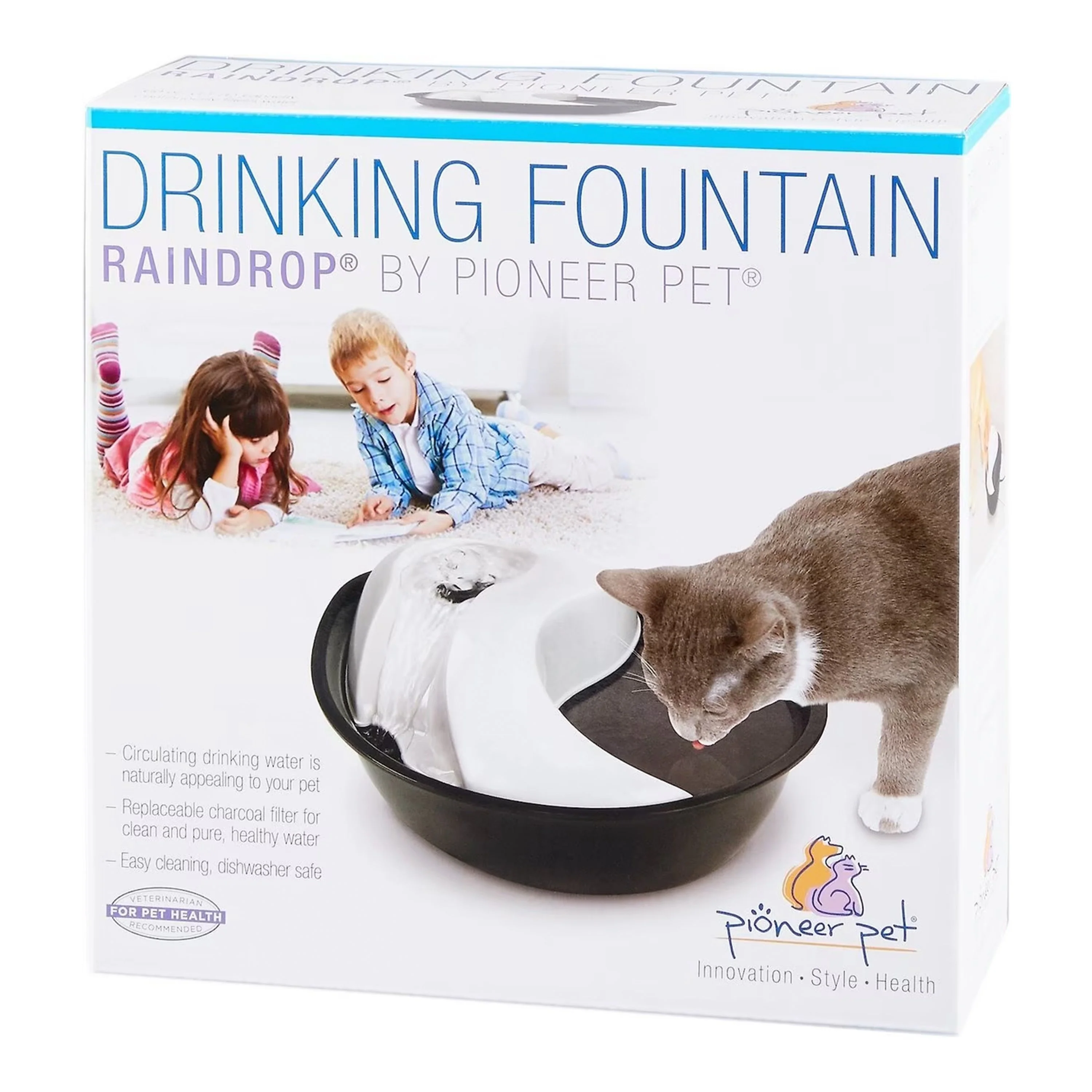 Pioneer Pet Raindrop Design Plastic Dog & Cat Drinking Fountain Black & White 60-oz